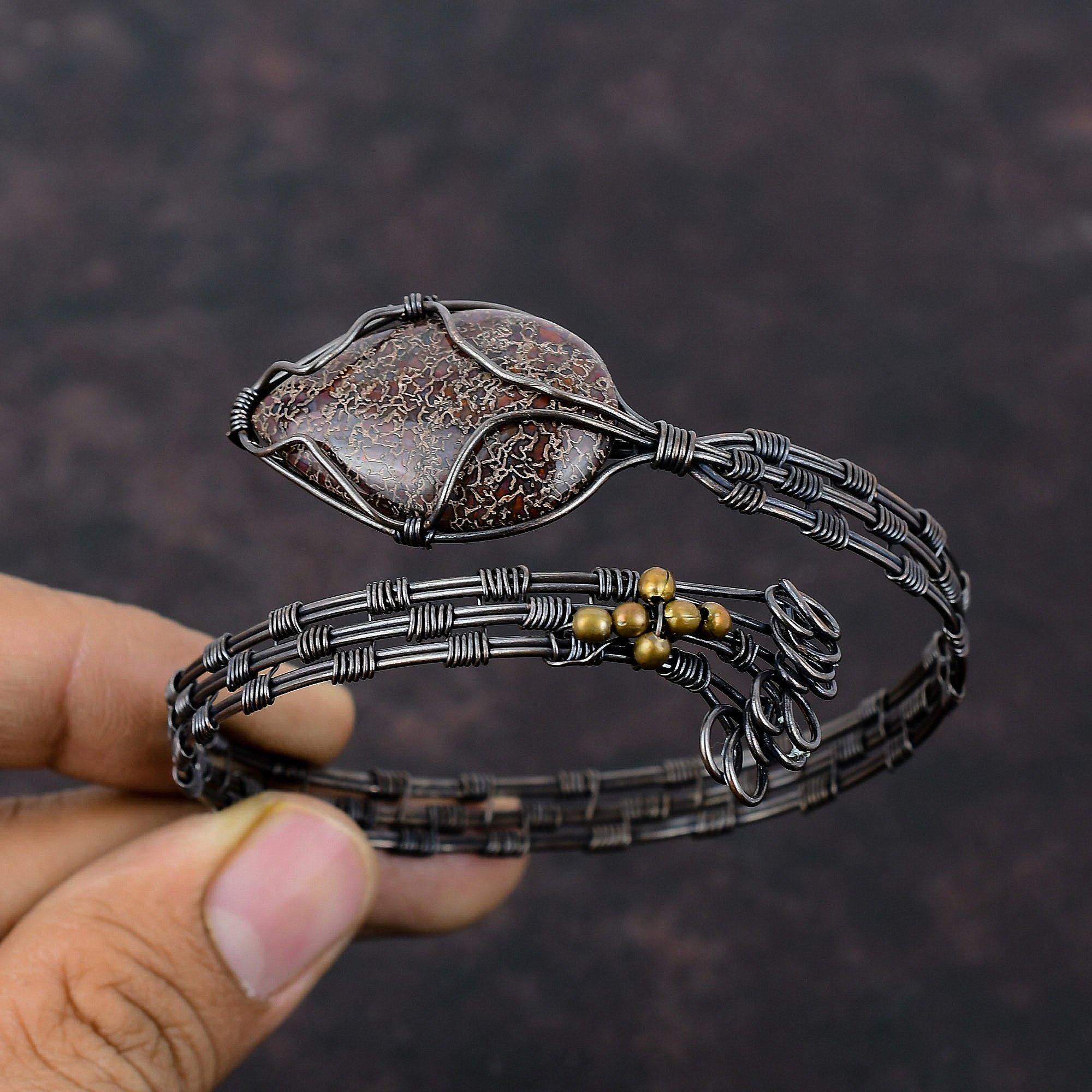 Браслет из кости динозавра, браслет-манжета из медной проволоки, регулируемый браслет, ювелирные изделия из медной проволоки, браслет ручной работы с драгоценными камнями, подарок другу