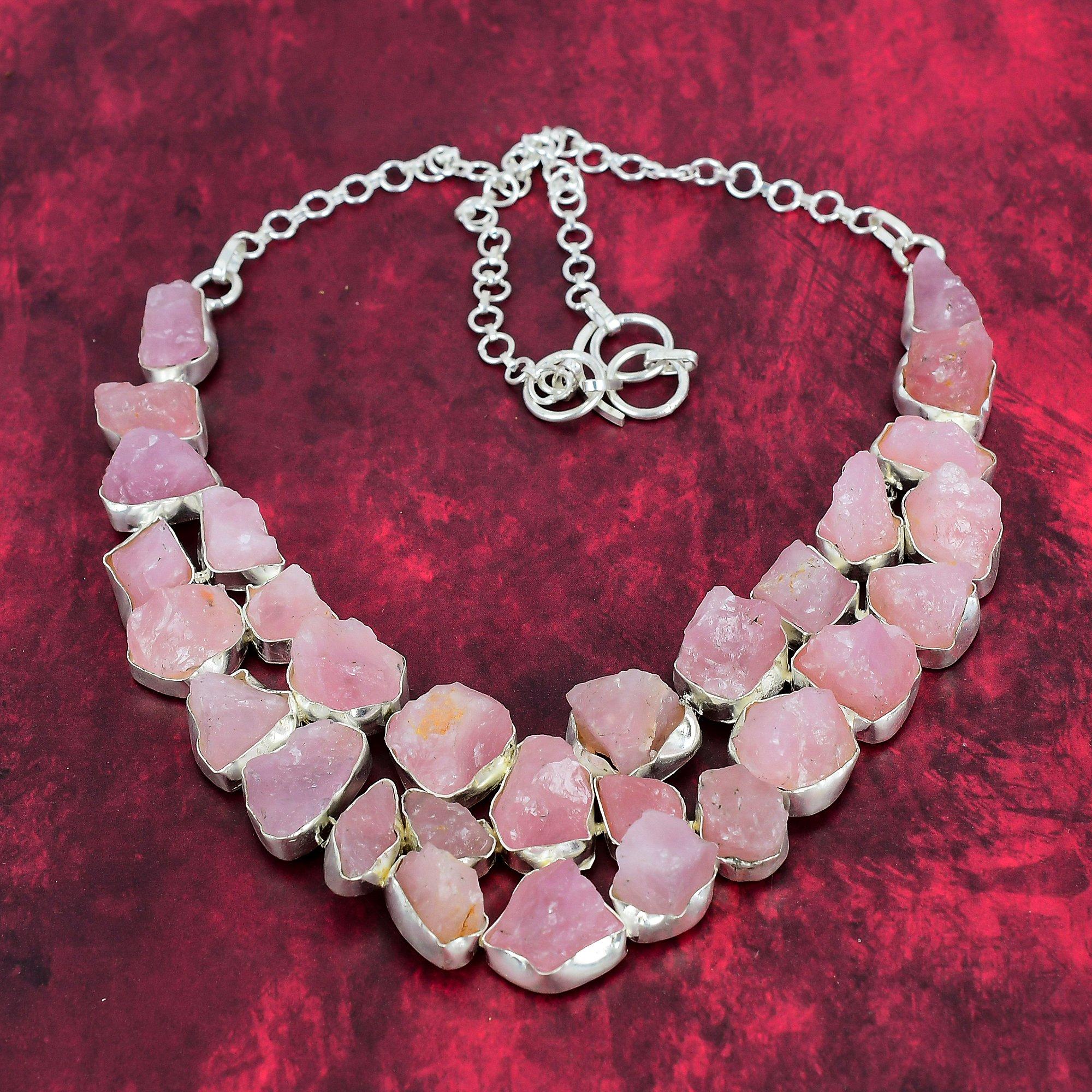 Ювелирные изделия ожерелья ручной работы из грубого розового кварца, ожерелье из стерлингового серебра 925 пробы, регулируемое ожерелье-цепочка, элегантные ювелирные изделия