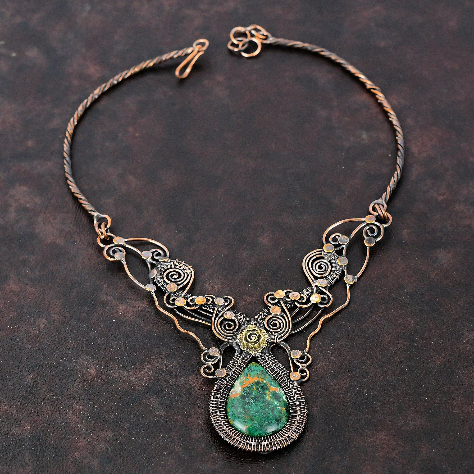 Ожерелье из куприта и хризоколлы, ожерелье из медной проволоки с драгоценными камнями, регулируемое ожерелье, ювелирные изделия ручной работы из меди, подарок для мамы, дизайнерские украшения