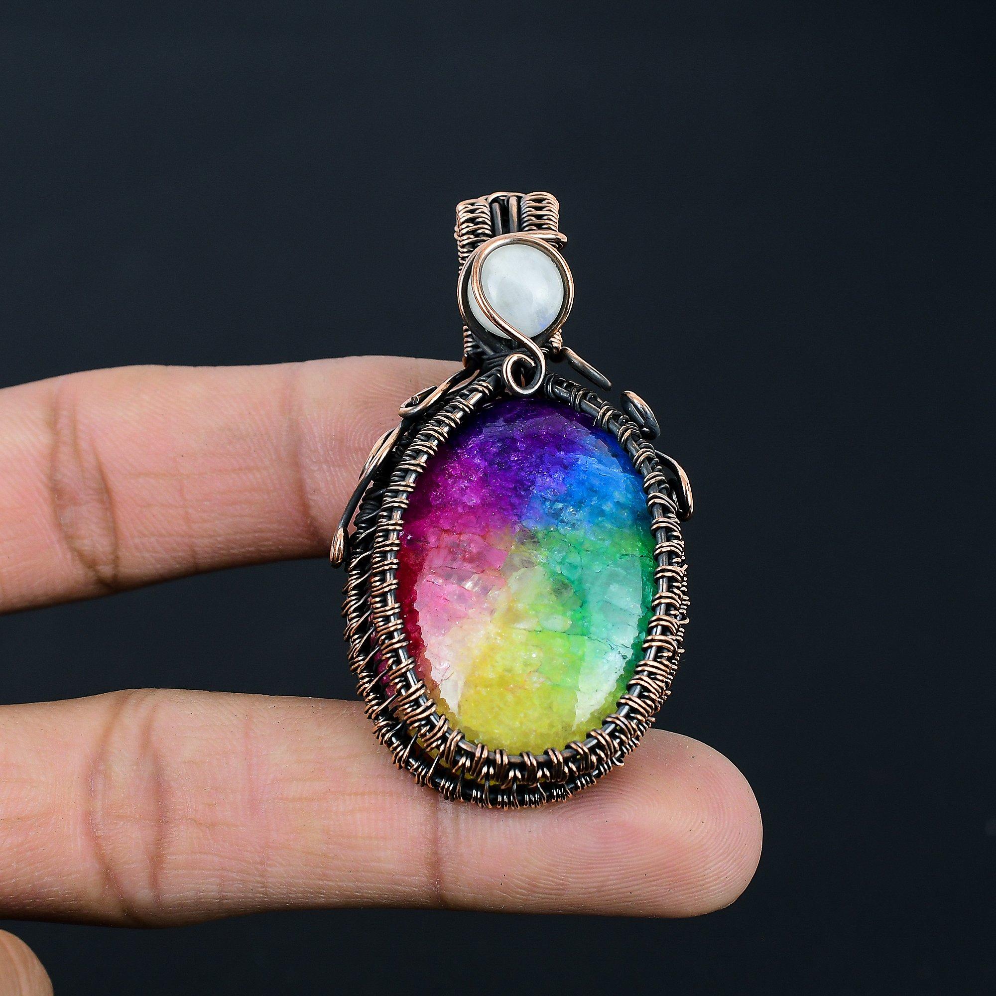 Радужный солнечный кварц и лунный камень, драгоценный камень, подвеска ручной работы из чистой медной проволоки для нее