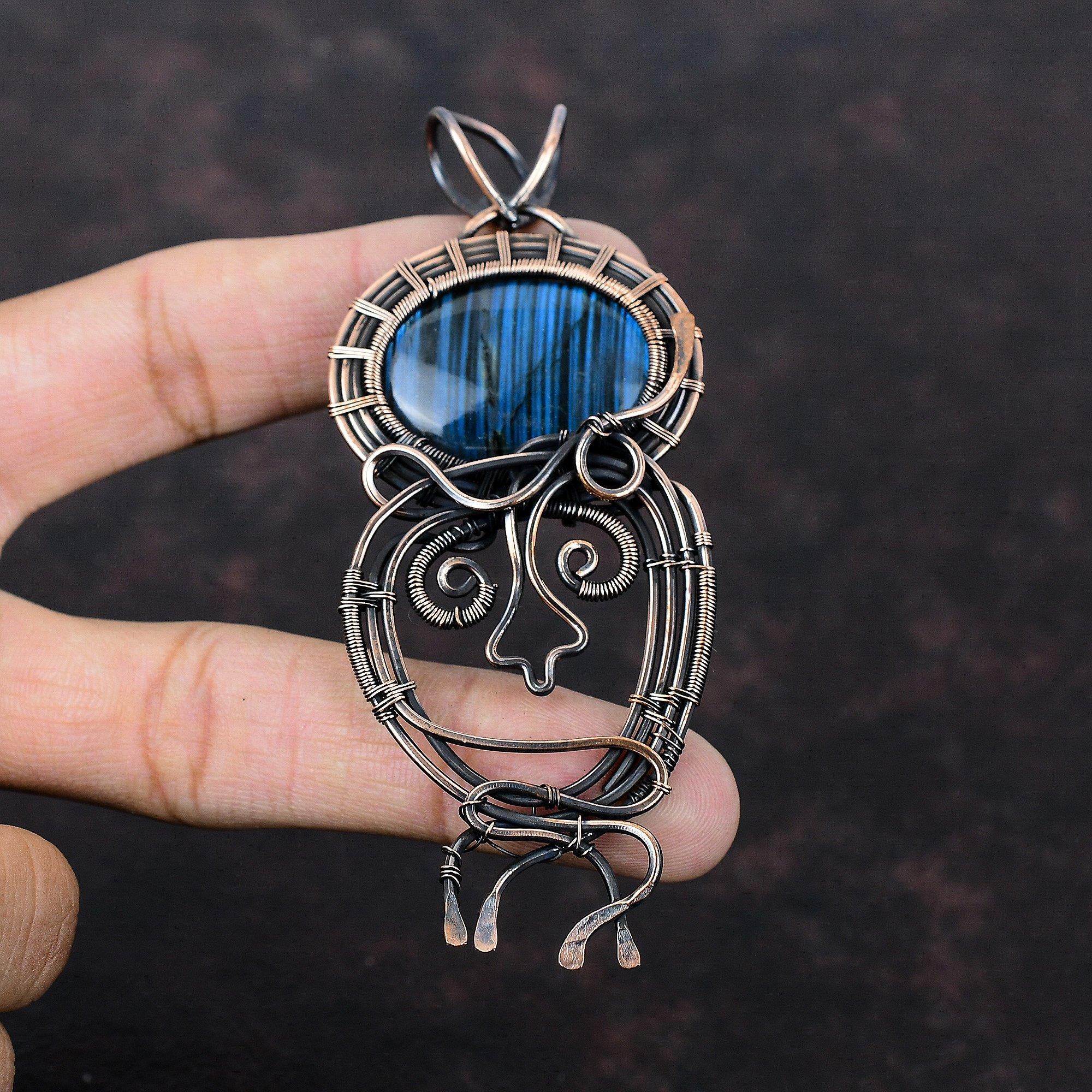 Кулон из лабрадорита, обернутый медной проволокой, кулон с драгоценным камнем, кулон в этническом стиле, украшения из медной проволоки, ручная работа, удивительный кулон, подарок для мамы