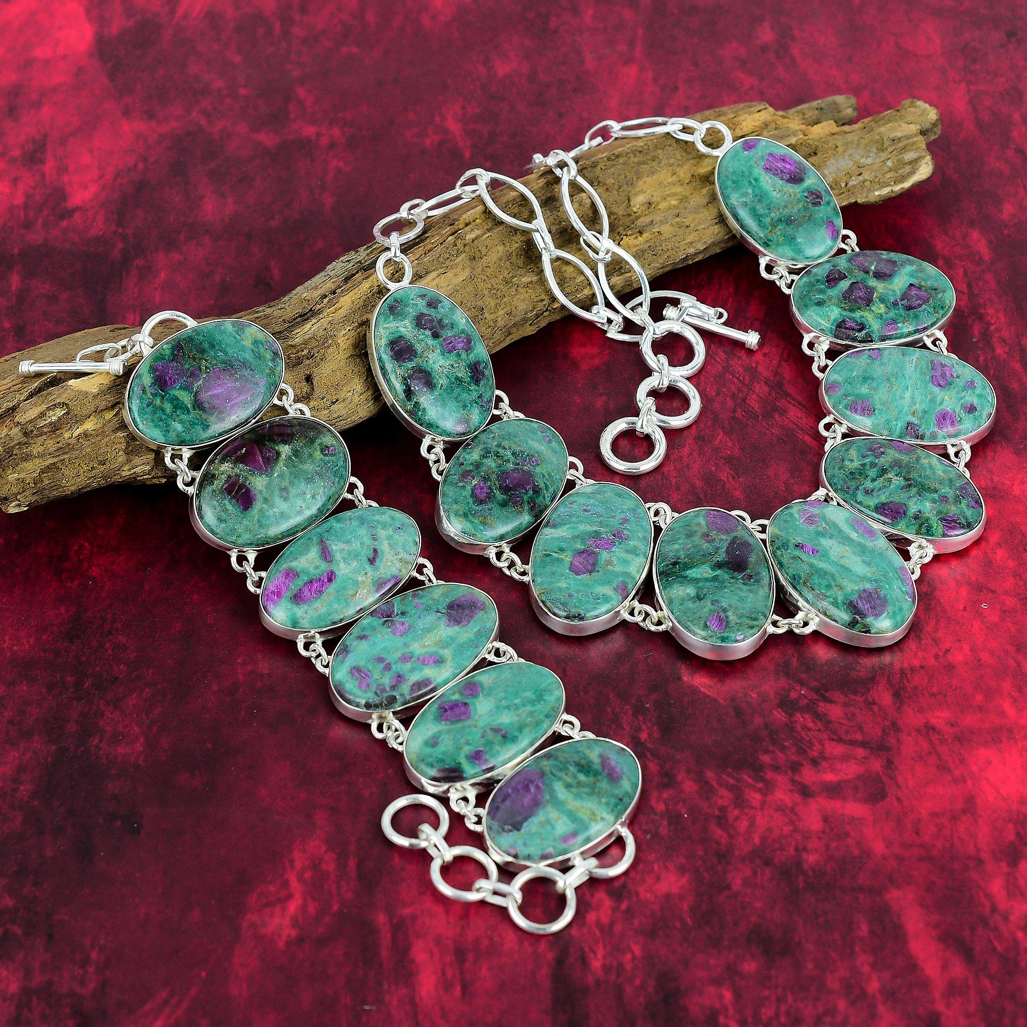 Ювелирные изделия из драгоценных камней с рубином зоизитом, ожерелье и браслет из стерлингового серебра 925 пробы, комплект ювелирных изделий ручной работы с ювелирными цепочками, комплект натуральных украшений для нее