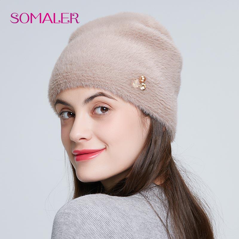 SOMALER Winter Hat for Women Thick Bonnet for Female Solid Color High Quality Rhinestone Cap New Beanie