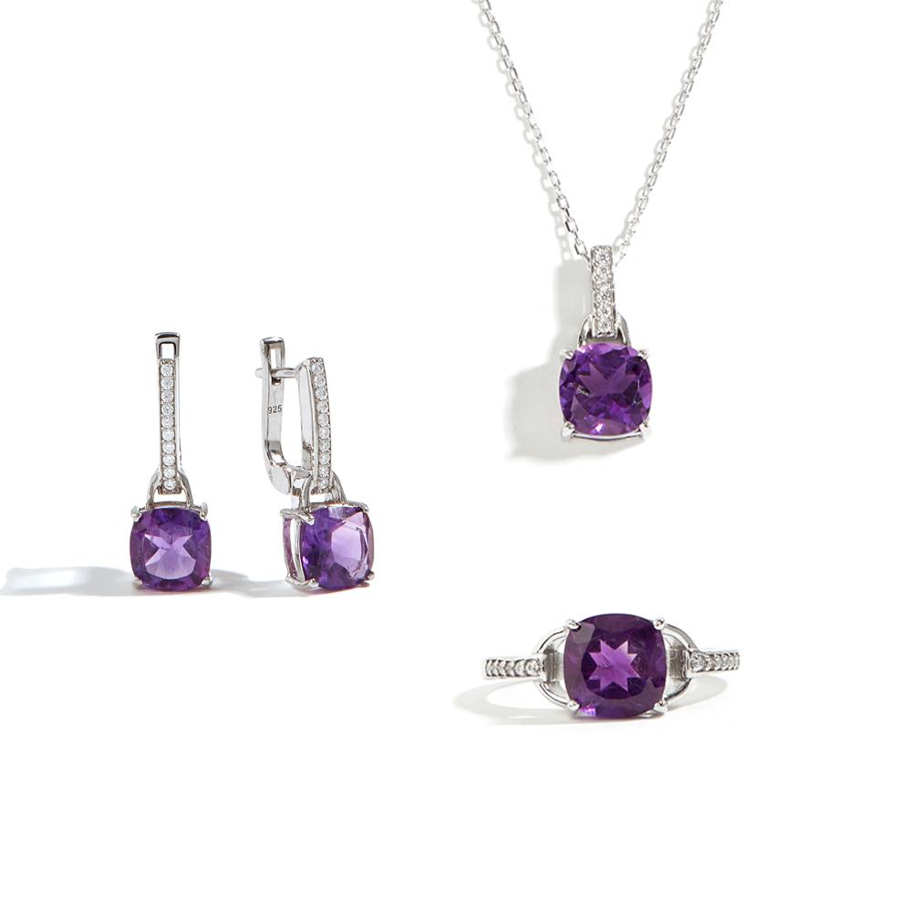 Stunning Silver Earring Ring Necklace for Women & Girls Natural Amethyst February Birthstone Jewelry Proposal Dating Love Gift