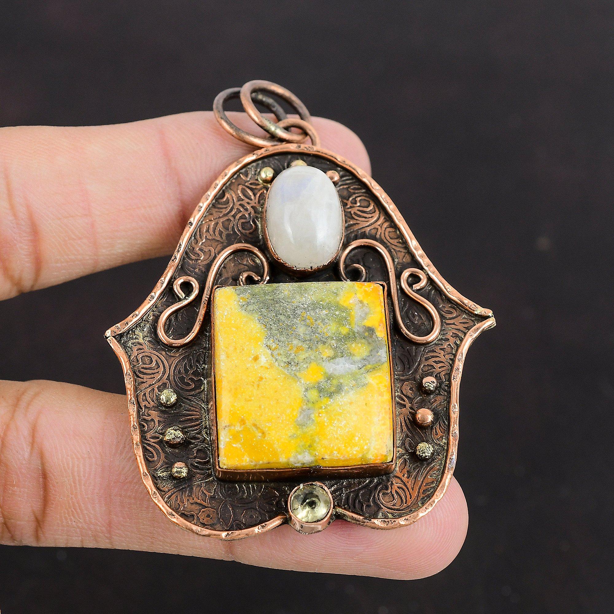 Bumble Bee Jasper Pendant Rainbow Moonstone Pendant Lemon Quartz Pendant Copper Pendant Handmade Boho Style Jewelry Gemstone Copper Jewelry