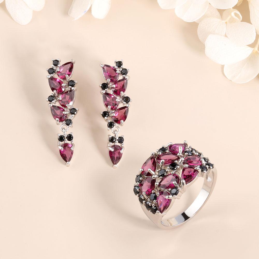 Bolaijewelry Кольца с натуральным родолитом, серьги из стерлингового серебра 925 пробы, изысканные украшения для женщин, жены, роскошный дизайн, подарок на годовщину