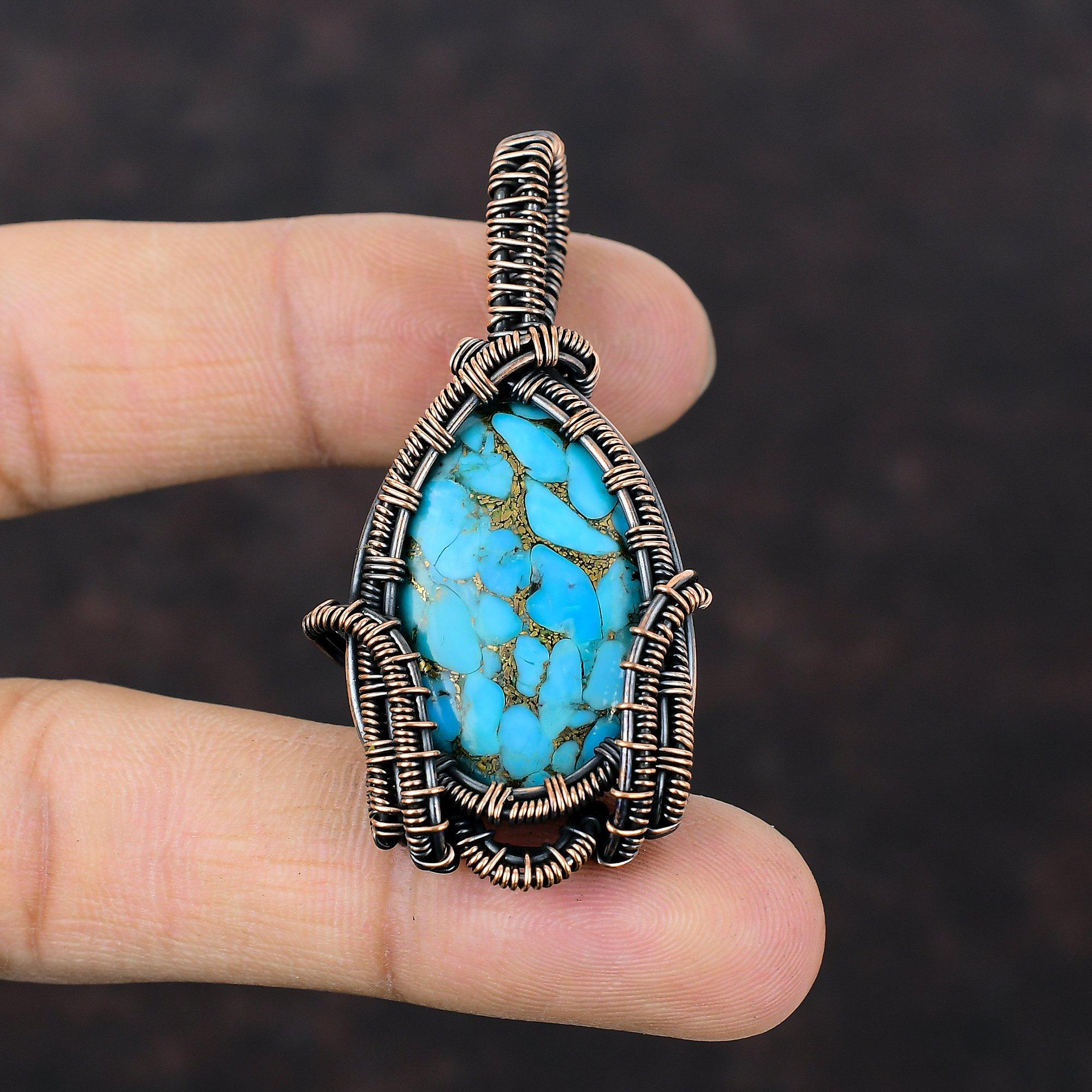 Медный кулон с бирюзой цвета меди Кулон, обмотанный медной проволокой Украшения из натуральных драгоценных камней Кулон ручной работы Красивые медные украшения Подарок на помолвку