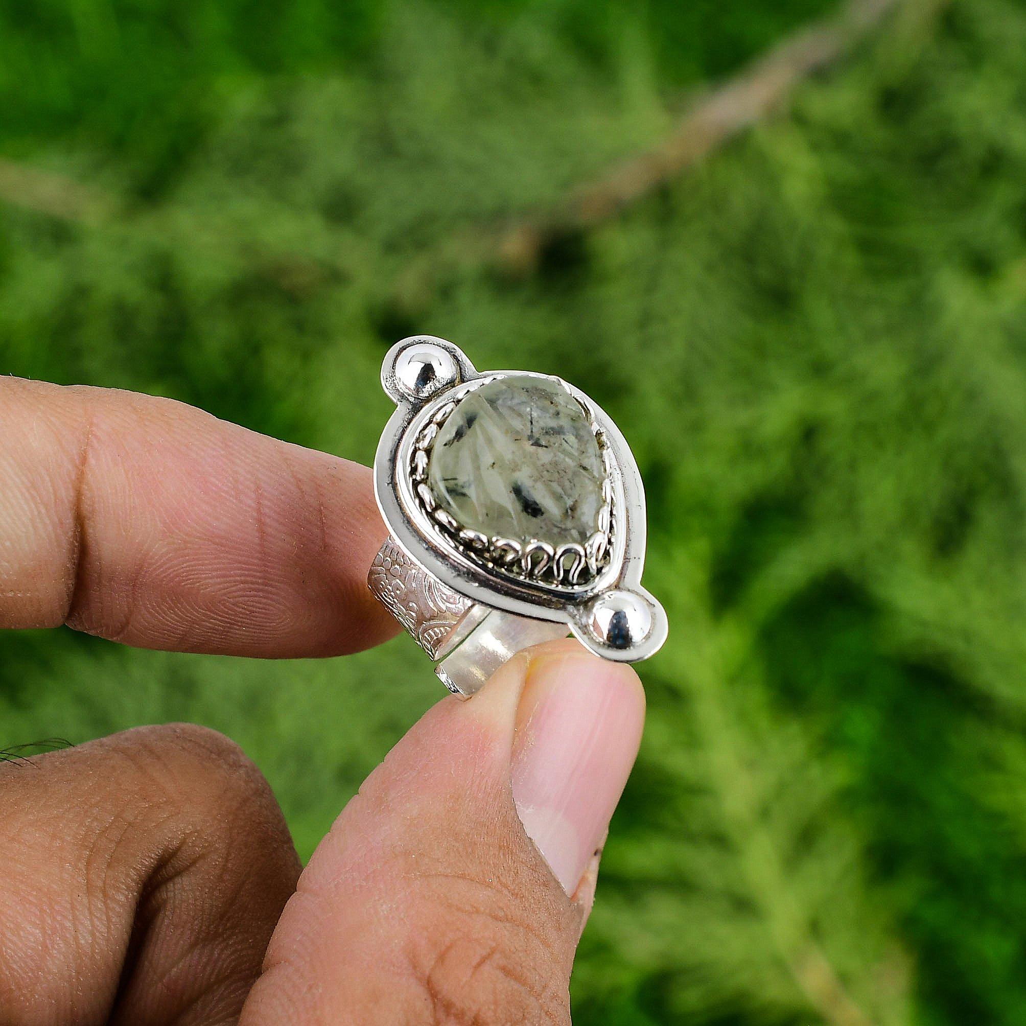 Natural Moss Prehnite Gemstone Promise Adjustable Ring 925 Silver For Women