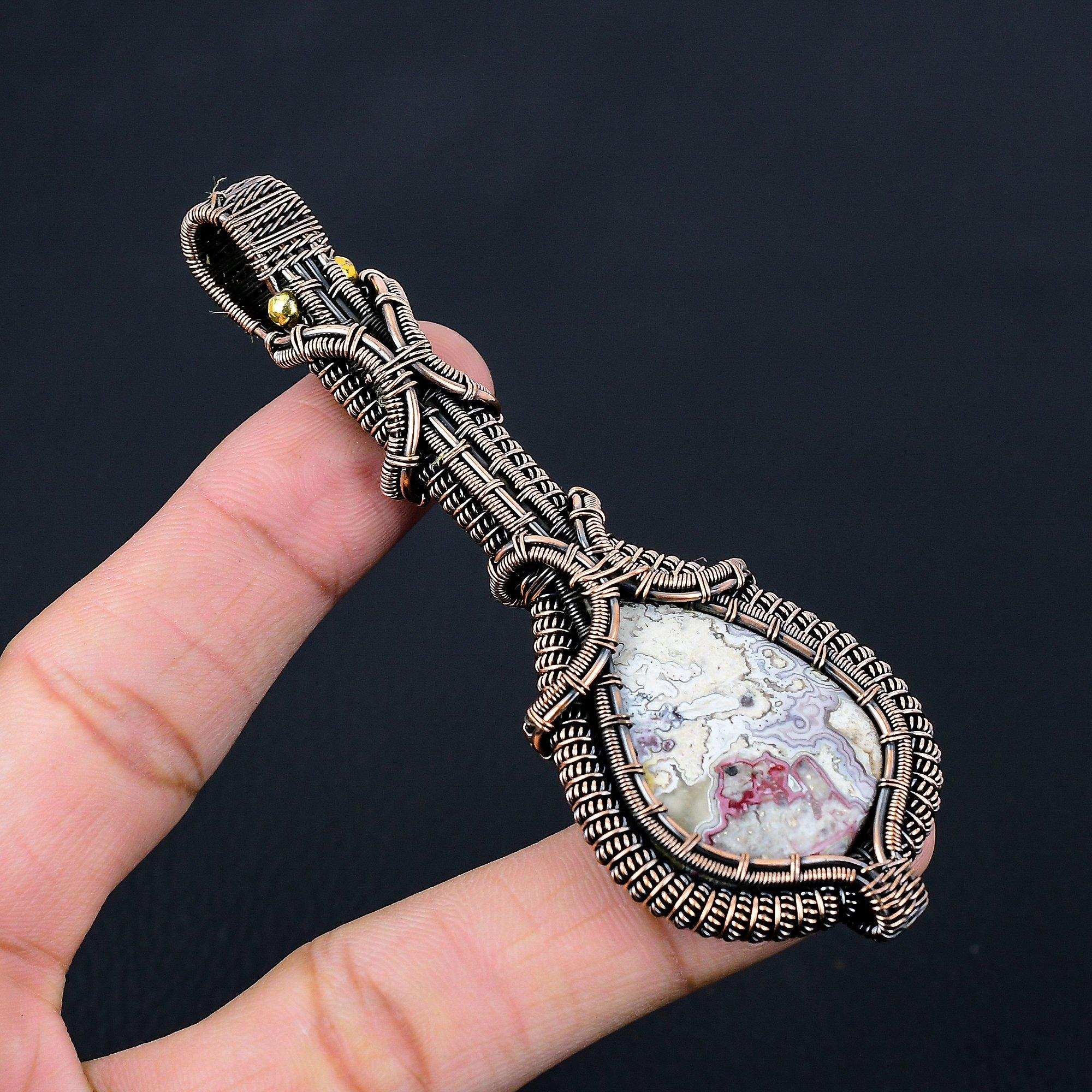 Сумасшедший кружевной агат, драгоценный камень, чистая медная проволока, обернутая подвеской ручной работы, ювелирные изделия