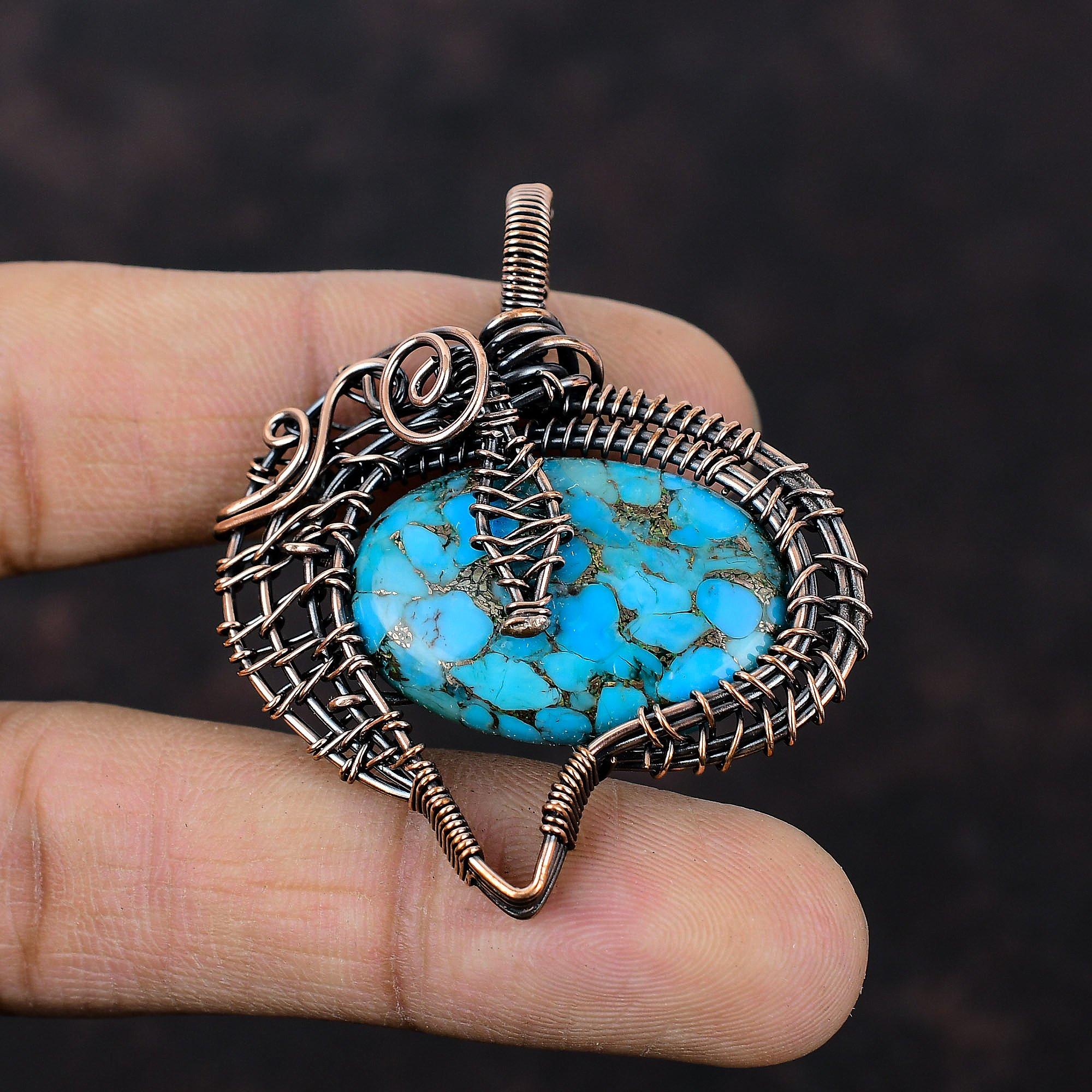 Copper Blue Turquoise Pendant Copper Wire Wrapped Gemstone Pendant Handmade Wire Wrap Jewelry Dainty Pendant For Gift Amazing Copper Jewelry