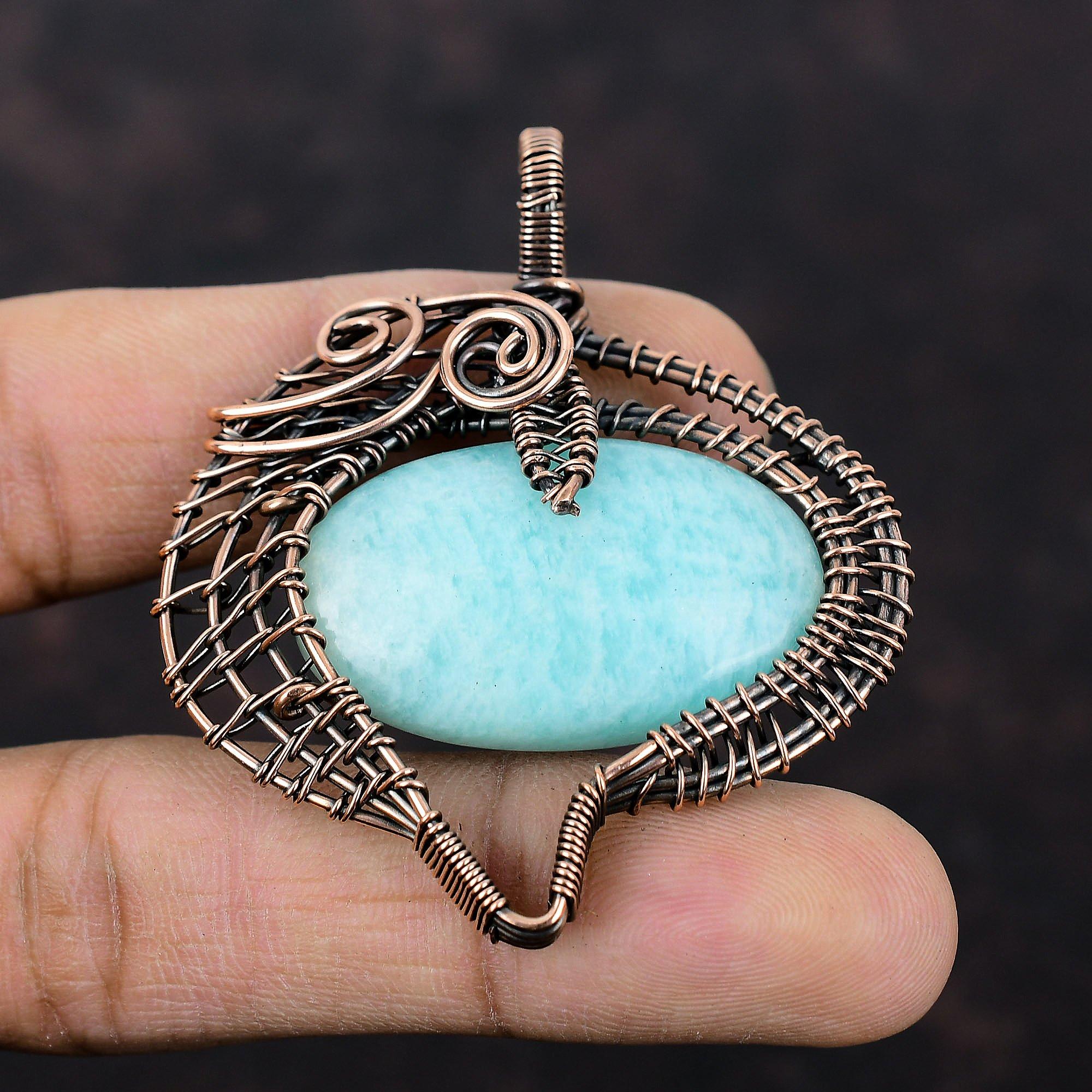 Подвеска из амазонита, обернутая медной проволокой, Подвеска из амазонита и меди, Ювелирное изделие ручной работы, Подарок на годовщину, Плетение проволокой, Дизайнерские ювелирные изделия