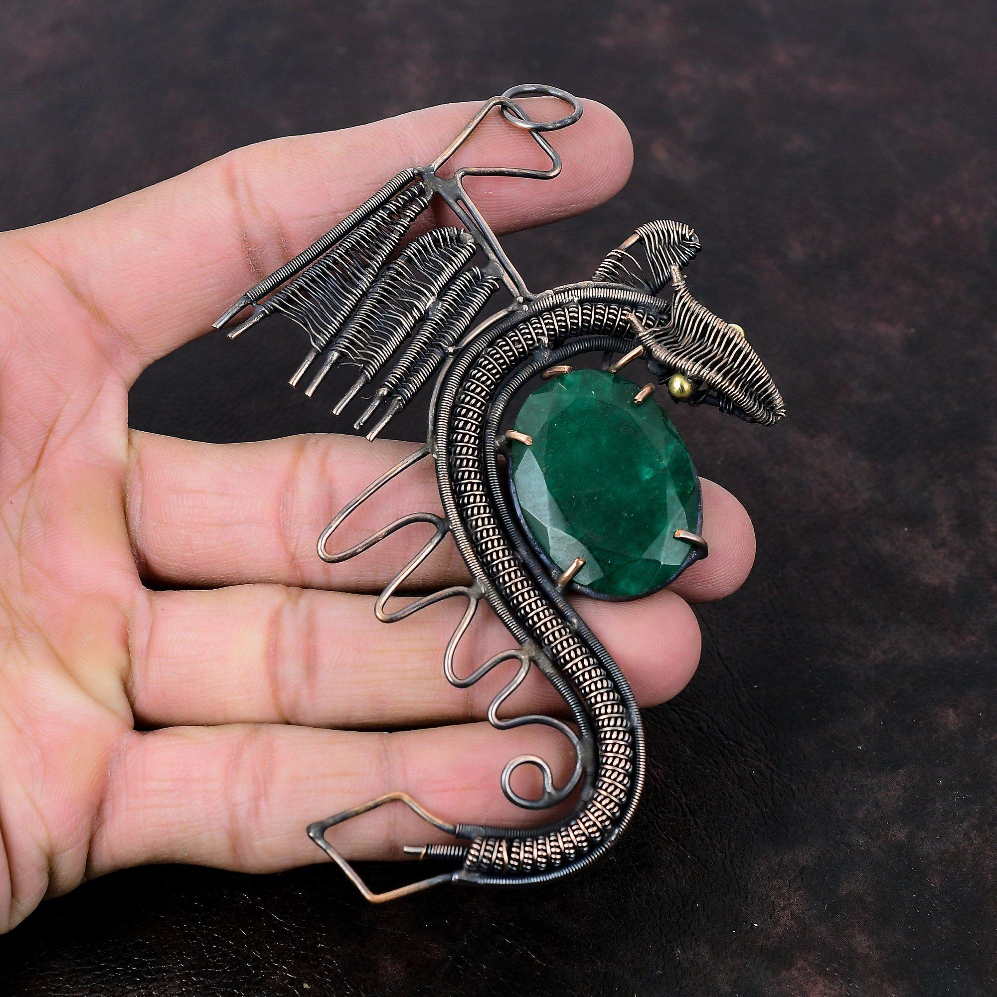 Ограненный замбийский изумрудный кулон, медная проволока, кулон, элегантные ювелирные изделия ручной работы, кулон с драконом, кулон с драгоценным камнем, медные украшения для подарка