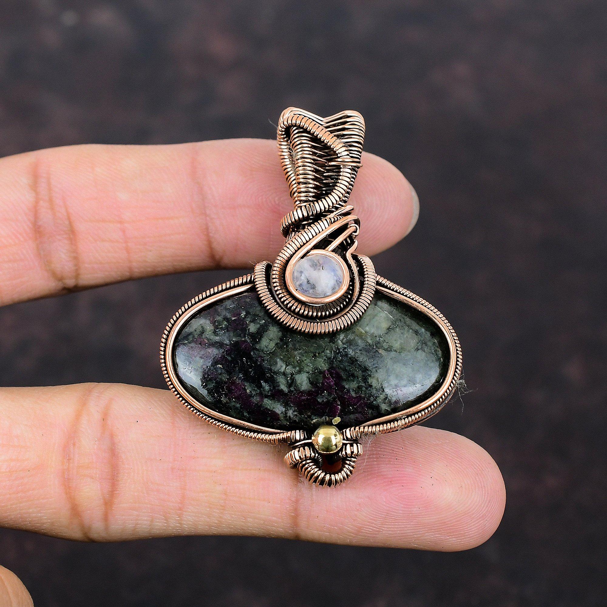 Подвеска из эвдиалитовой меди, ювелирное изделие из медной проволоки, подвеска ручной работы в стиле бохо, радужный лунный камень, ювелирное изделие из драгоценных камней, свадебный подарок, подвеска в виде проволоки