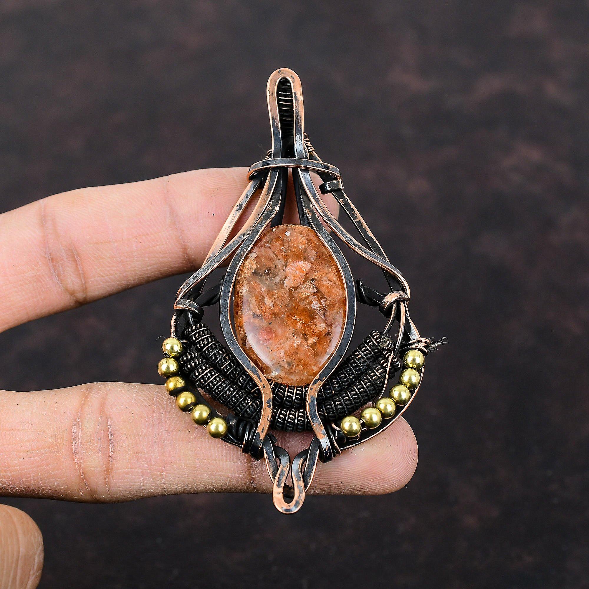 Подвеска из солнечного камня Подвеска, обернутая медной проволокой Подвеска ручной работы Украшения из солнечного камня Подвеска из настоящего драгоценного камня Подарок для нее Украшения, обернутые медной проволокой