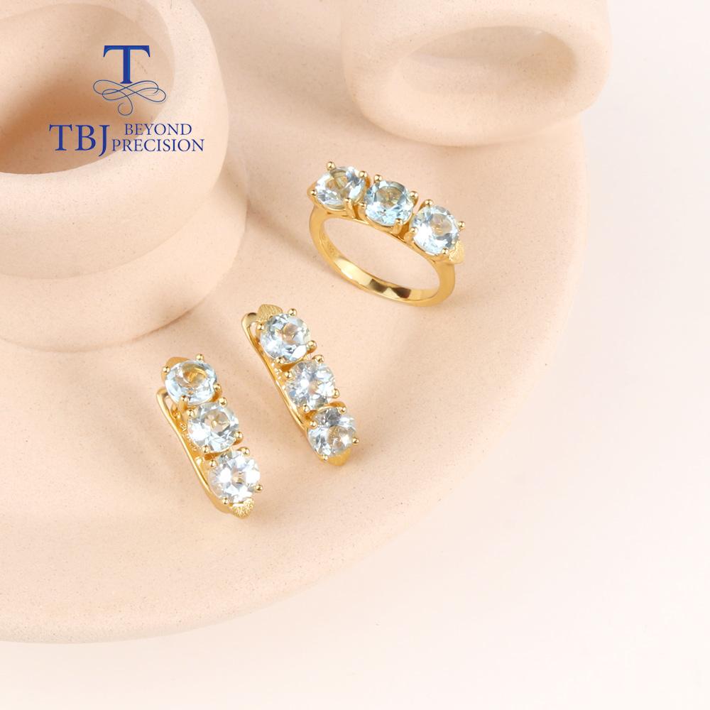 2023 Сердце стерлингового серебра 925 пробы Комплект ювелирных изделий Натуральный синий топаз Круглые серьги с застежкой 6 мм Кольца Классический дизайн для женщин подарок жене