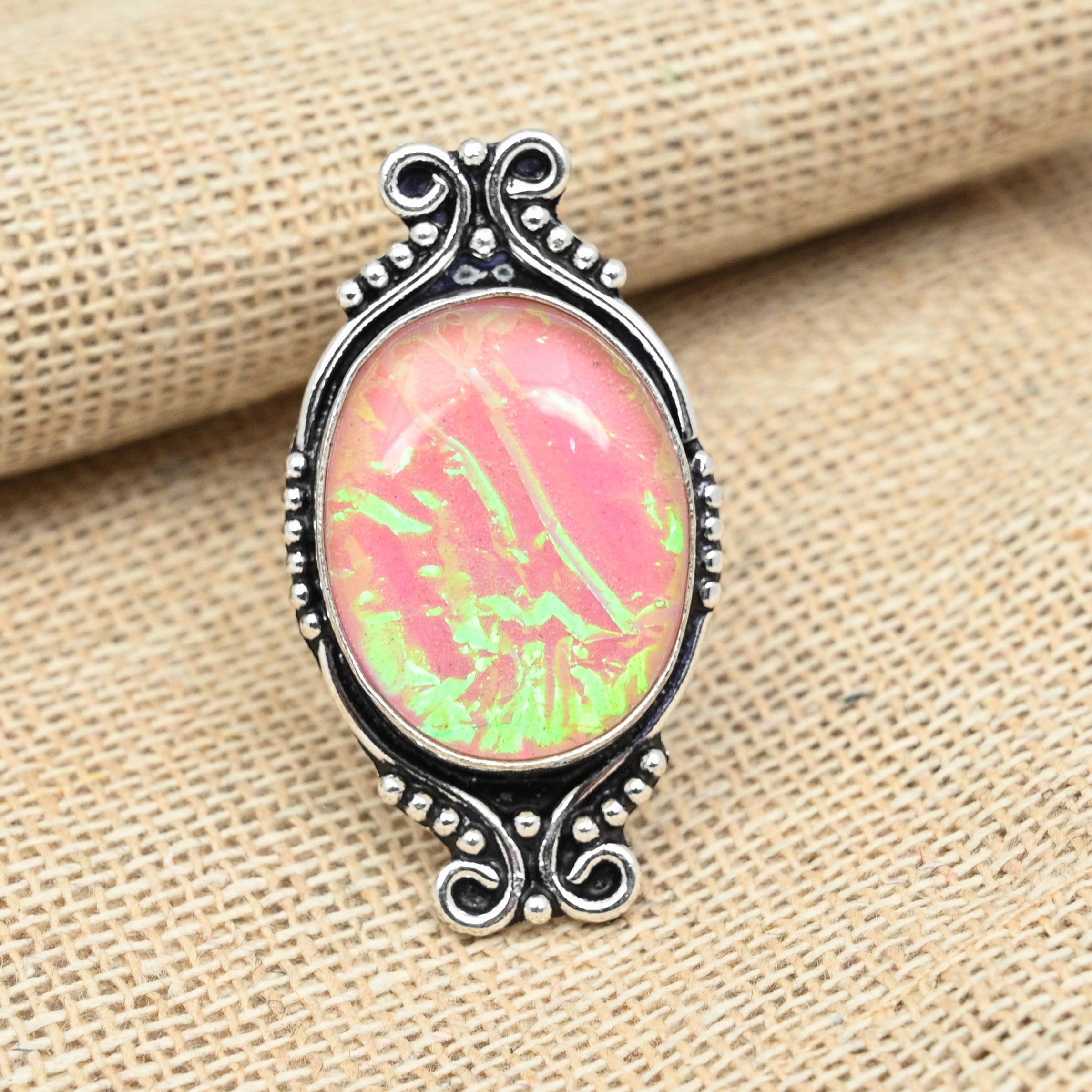 Розовый тройной опаловый драгоценный камень стерлингового серебра 925 пробы ручной работы Изысканное ювелирное кольцо всех размеров