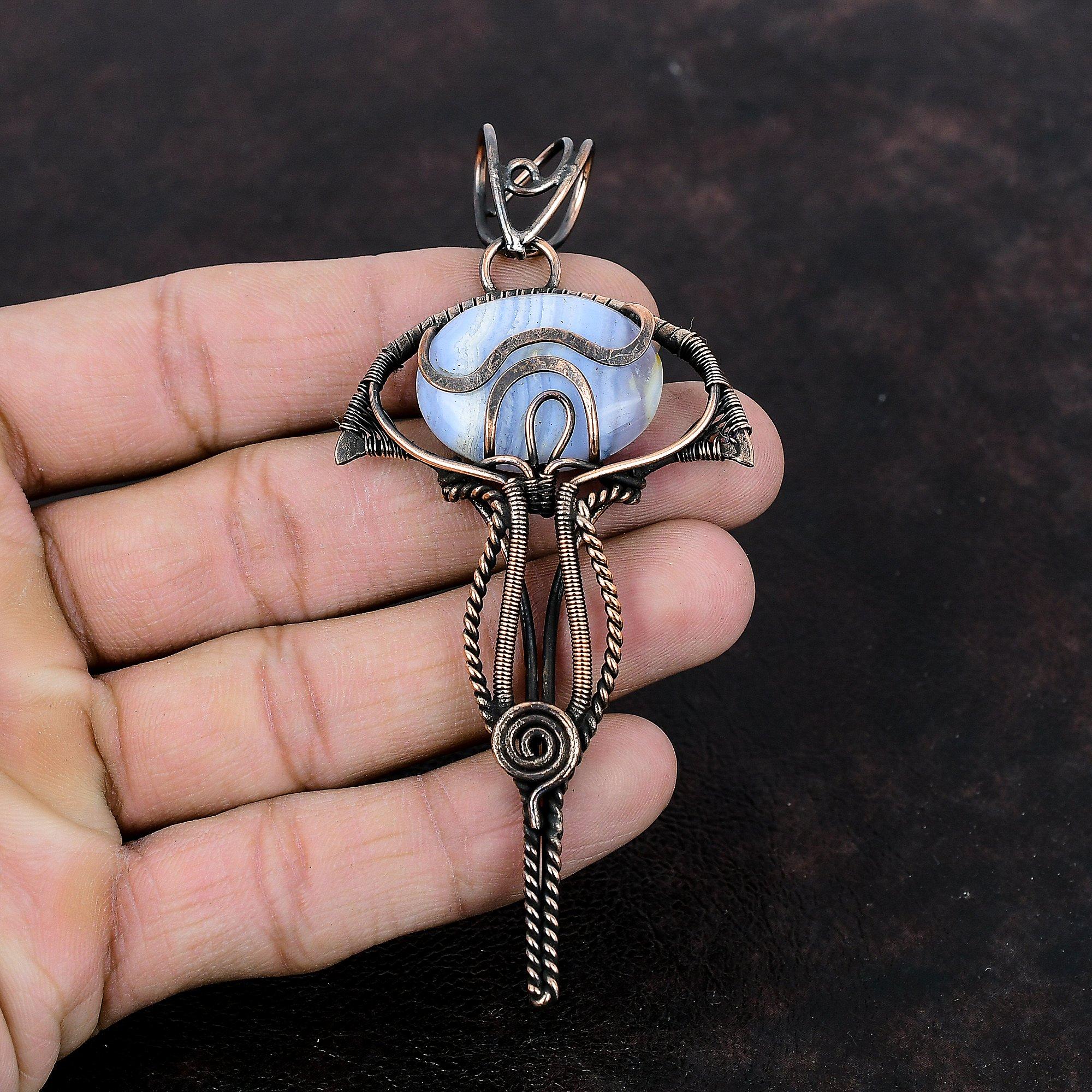 Голубой кружевной агатовый кулон, медная проволочная обертка, ювелирное изделие, натуральный драгоценный камень, проволочная обертка, кулон ручной работы в стиле бохо, медный кулон для подарка