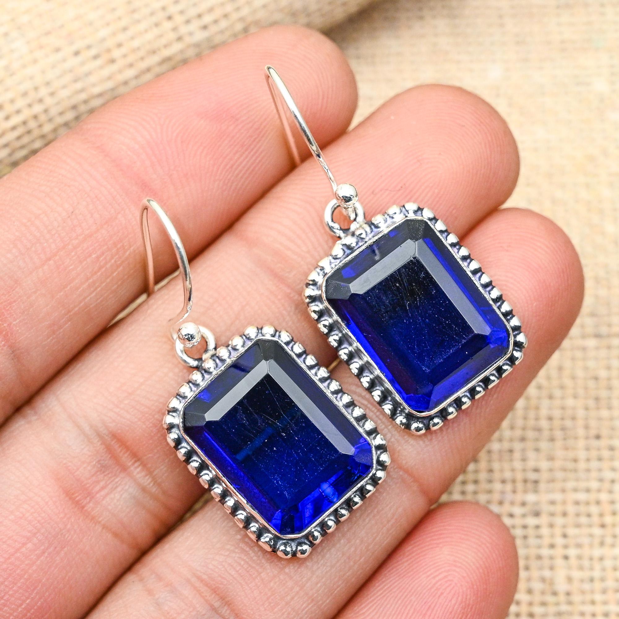 Ювелирные серьги ручной работы из стерлингового серебра 925 пробы с синим сапфиром и драгоценным камнем, созданные в лаборатории для нее