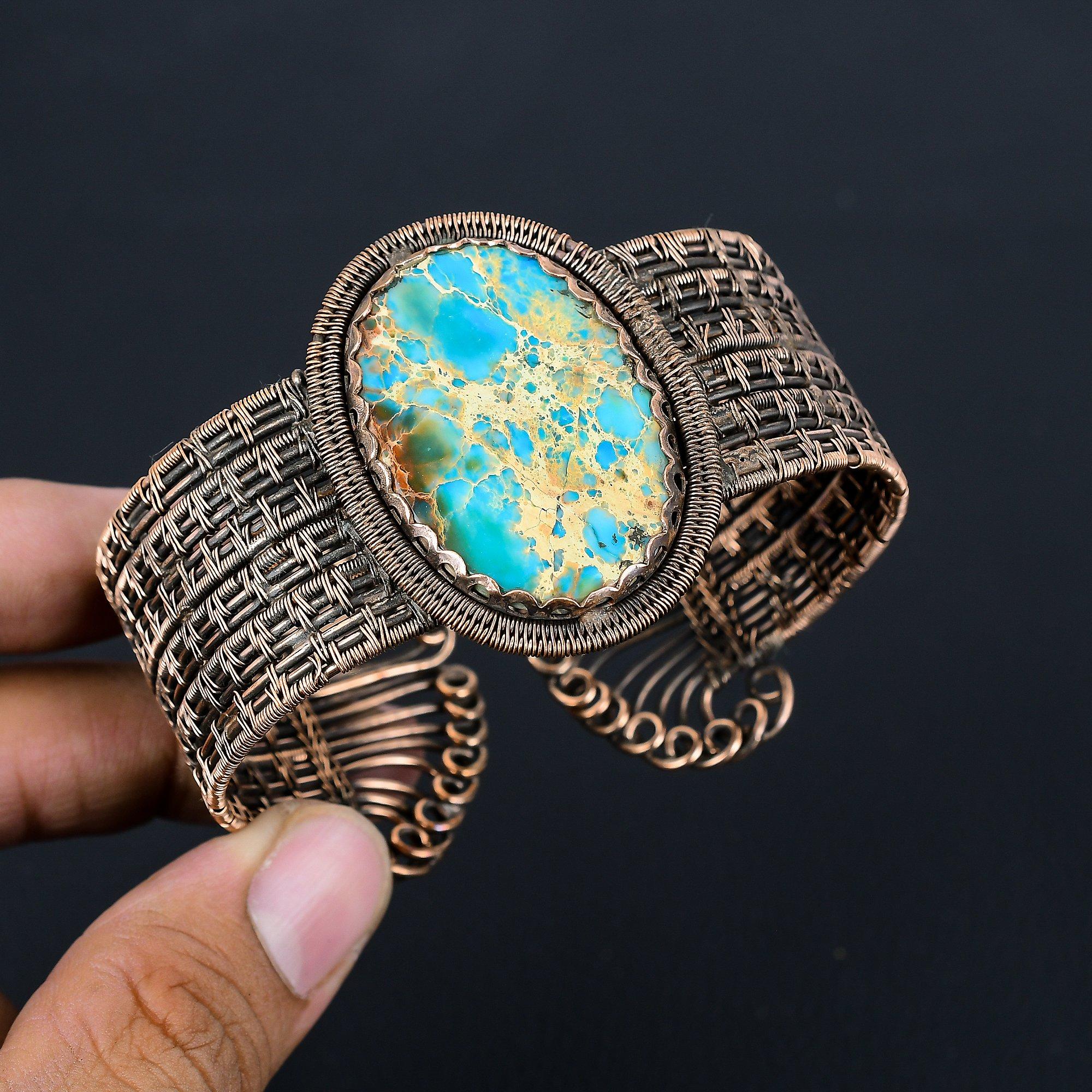 Синий морской осадок, драгоценный камень, чистая медная проволока, завернутая в манжету/браслет ручной работы, регулируемые ювелирные изделия