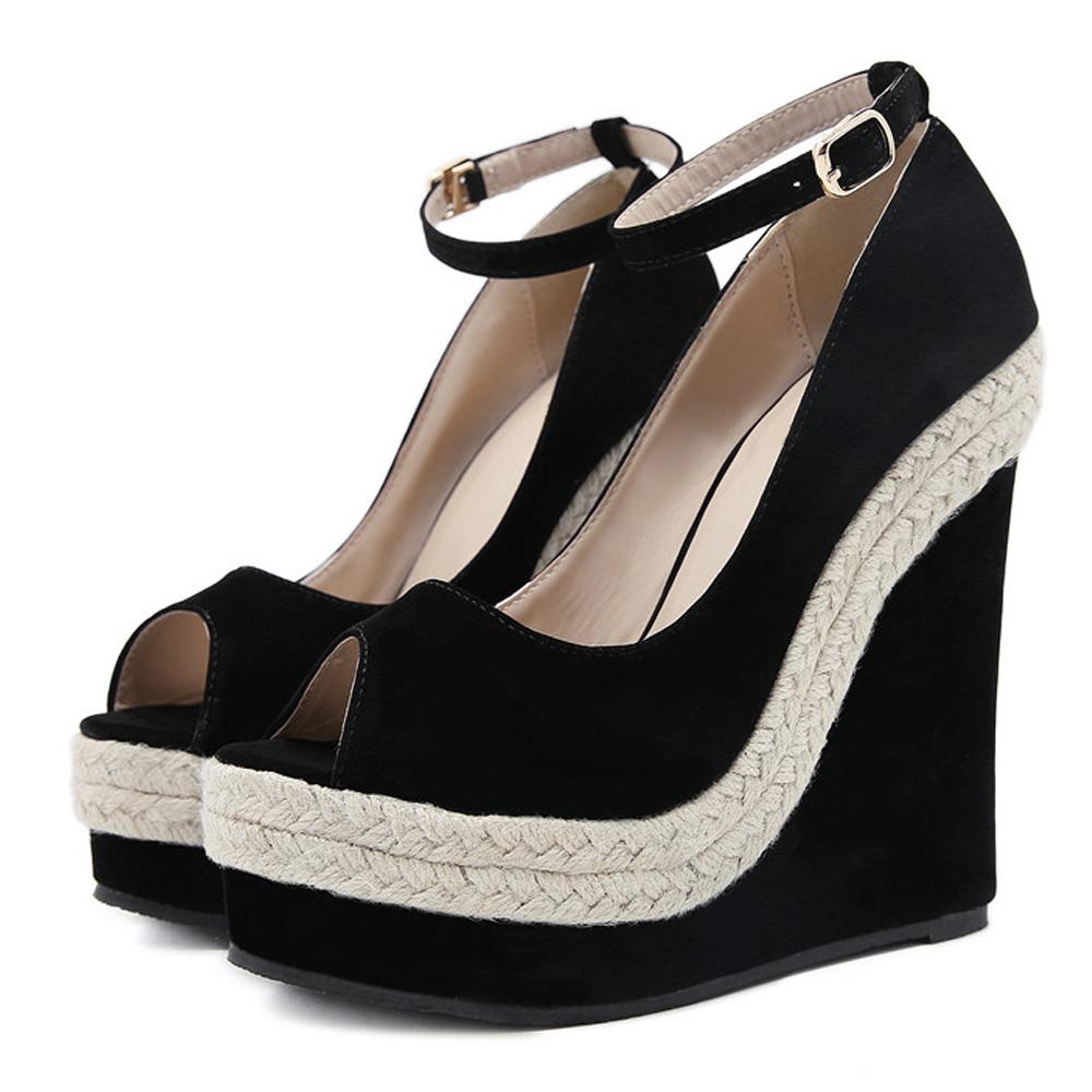 Eilyken Высококачественные соломенные сандалии на танкетке, новые женские туфли на высоком каблуке с пряжкой и ремешком, летние вечерние черные туфли с запахом на щиколотке