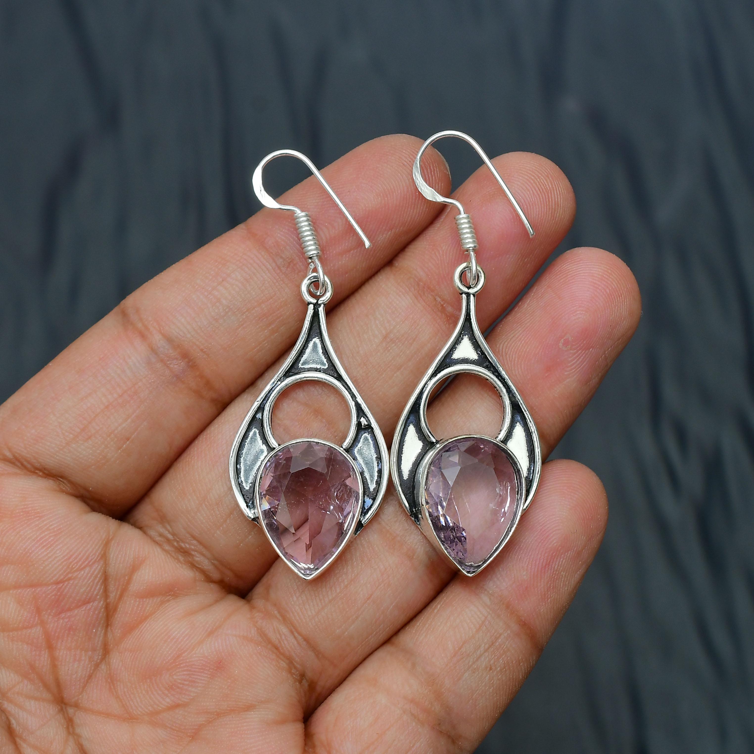 Pink kunzite Gemstone Handmade 925 Sterling Silver Jewelry Earring
