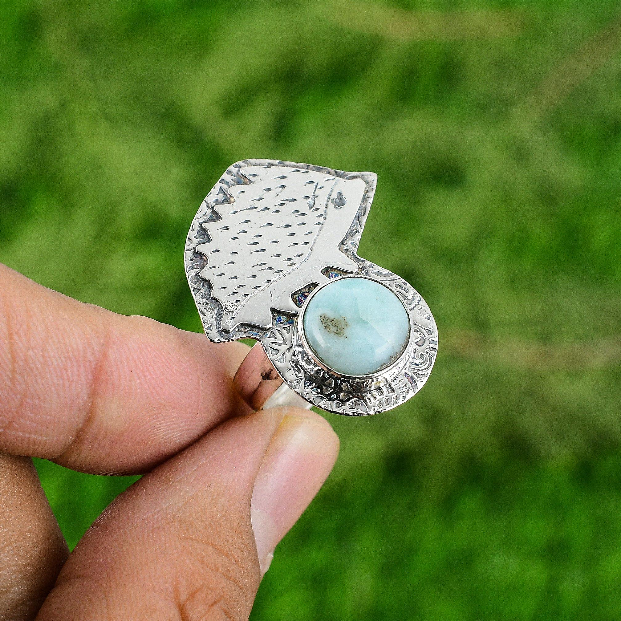 Серебро 925 пробы Ларимар Камень Ручная работа Заявление Элегантный Оправа Бохо Обручальное кольцо