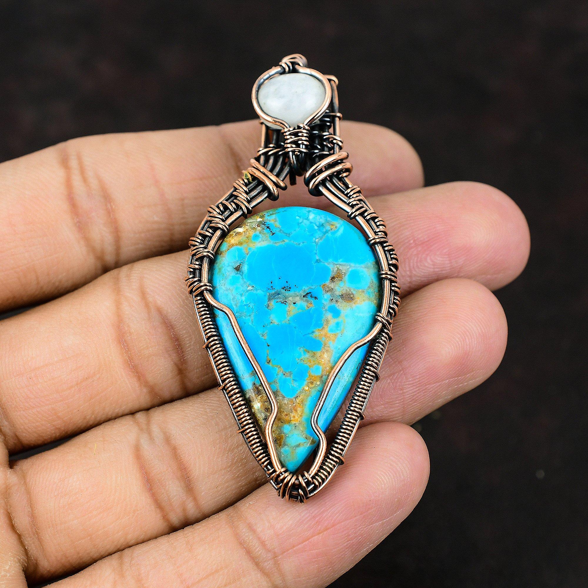Arizona Turquoise Copper Pendant Copper Wire Wrapped Jewelry Gemstone Wire Jewelry Rainbow Moonstone Jewelry Designer Pendant Gift For Her