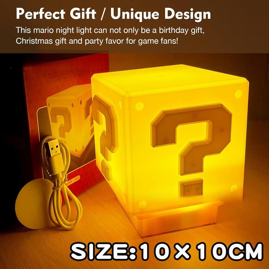 Super Bros Question Block Lamp, Square LED Night Light with USB Cable, Table Lamp with Game Coin Sound Effect, Bedside Lamp Decorative Toy Gift