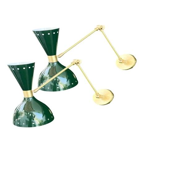 Set of 2 Green Diabolo Wall Sconces Mid Century Modern Brass Wall Lights Fixtures Retro Bedroom, Studyroom, Home, Office