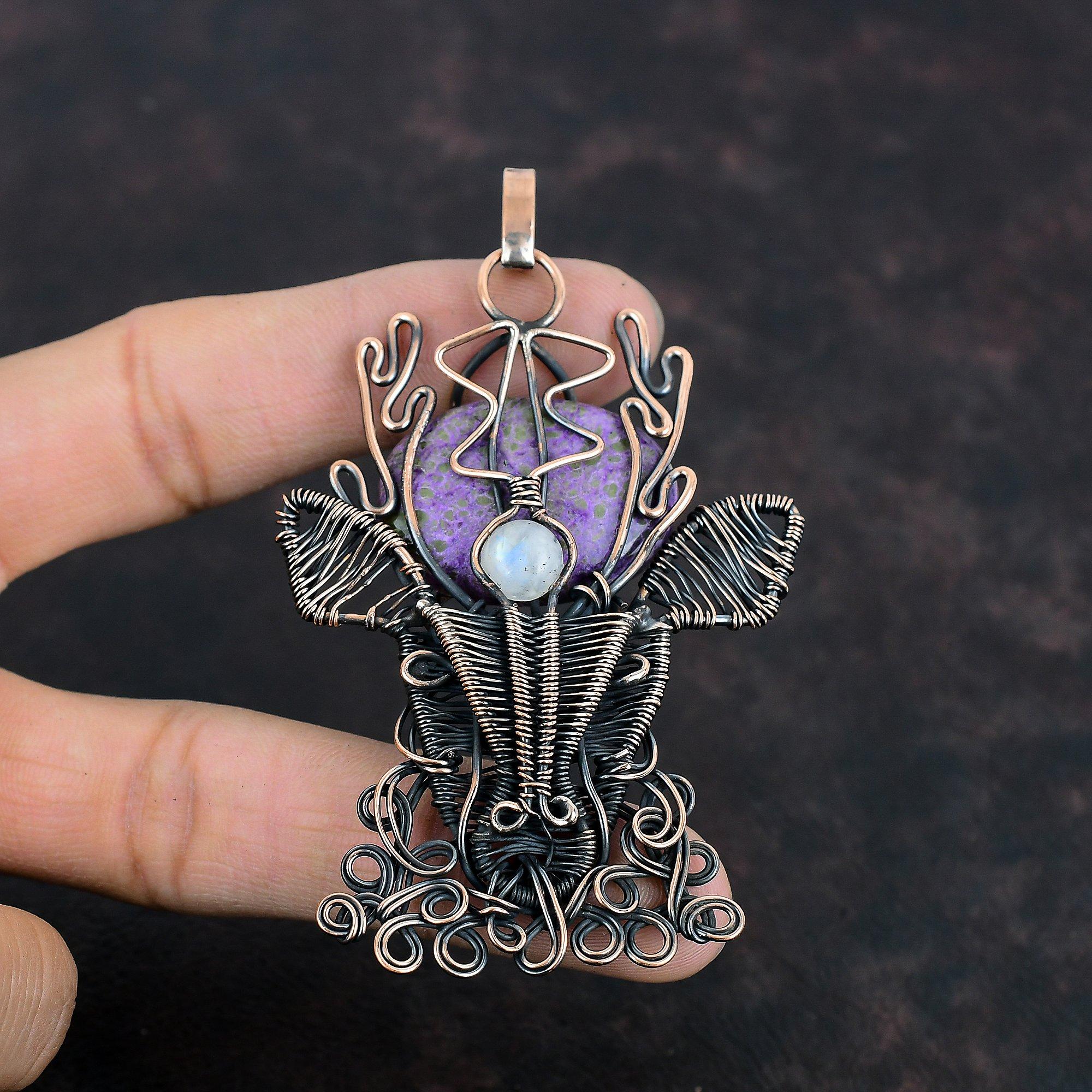 Purpurite Copper Pendant Wire Wrapped Pendant Moonstone Pendant Gemstone Copper Jewelry Handmade Deer Face Pendant Elegant Jewelry For Gifts