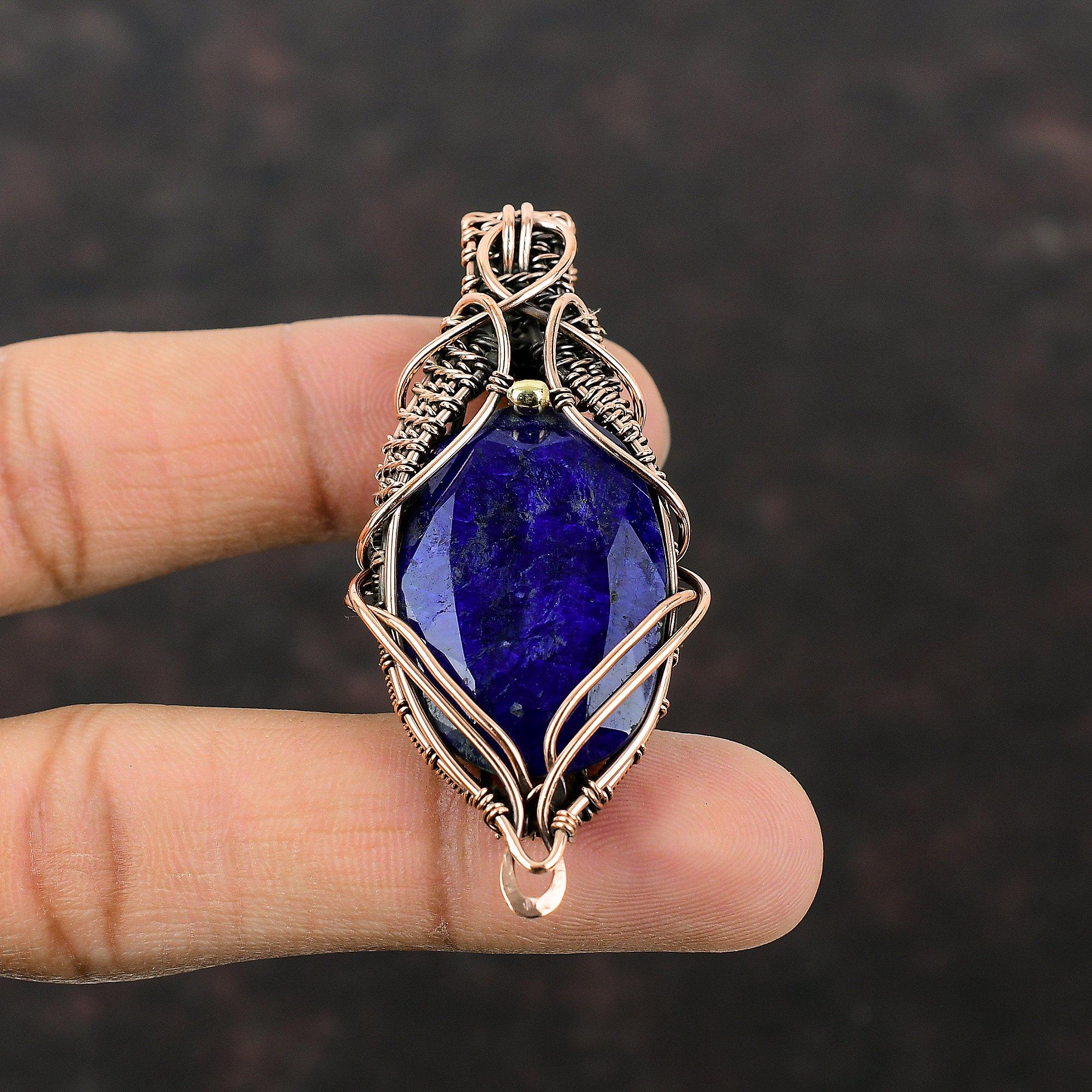 Ограненный Синий Сапфир Подвеска Медная Проволока Обернутая Подвеска Ювелирные Изделия Из Драгоценных Камней Медные Ювелирные Изделия Ручной Работы Уникальный Подвеска Проволочная Обертка Ювелирные Изделия Для Подарка
