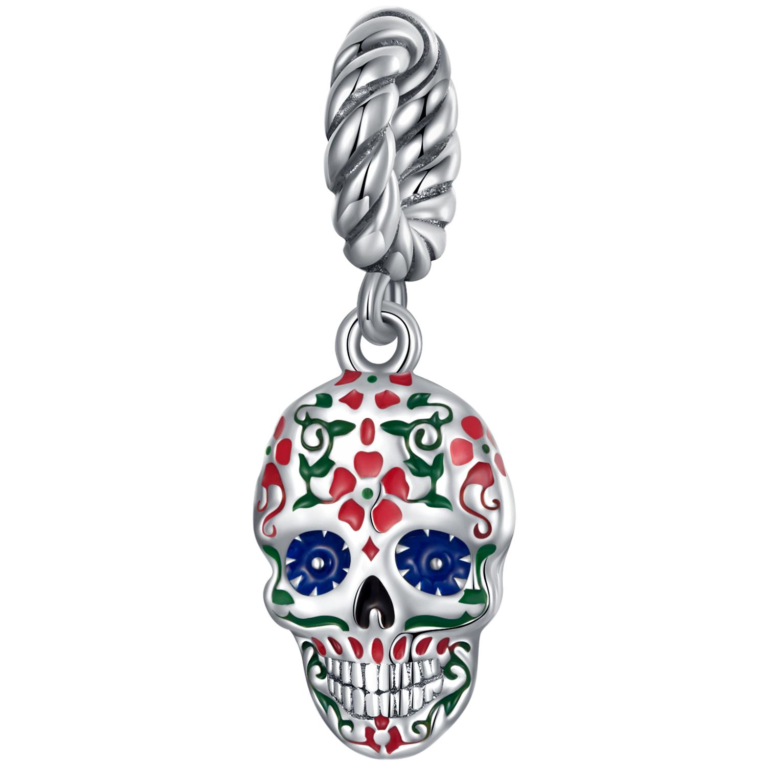 WOSTU Authentic 925 Sterling Silver Colorful Enamel Skull Charms Pendant for Women Fine Jewelry