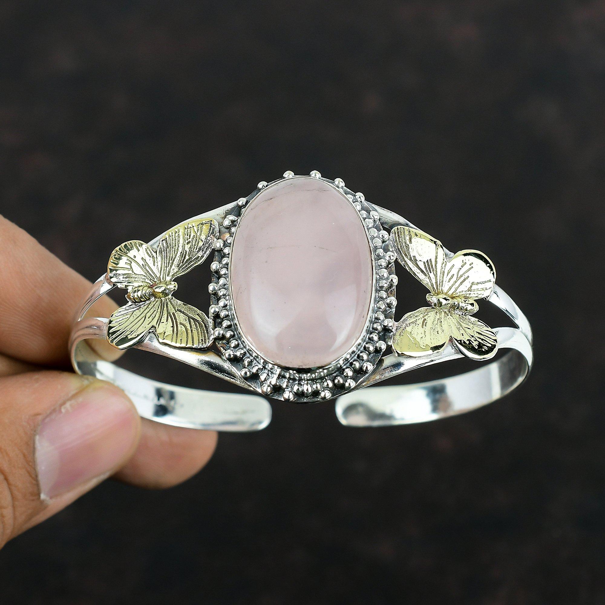 Rose Quartz Bangle 925 Sterling Silver Cuff Bracelet Handmade Bangle Adjustable 18K Gold Plated Bangle Gemstone Jewelry Butterfly Bracelet