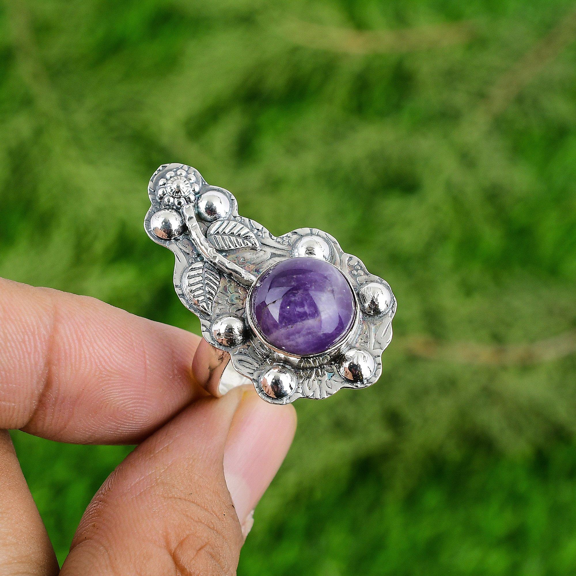 Chevron Amethyst Gemstone Sterling Silver New Solitaire Flower Crown Chakra Ring