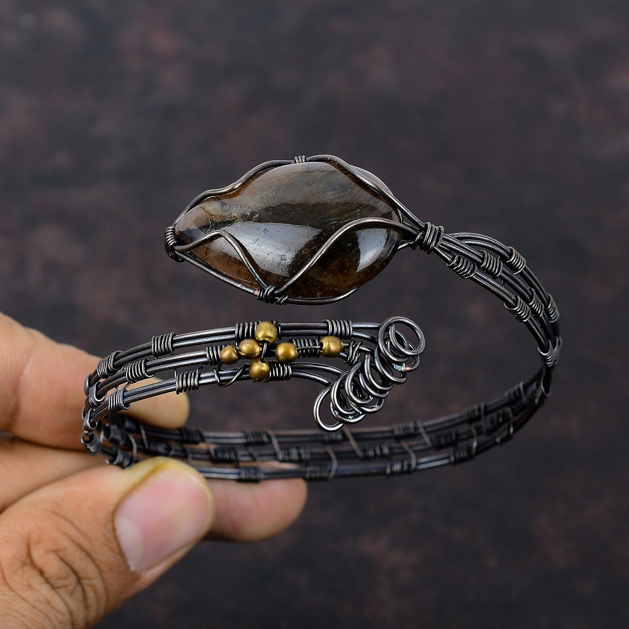 Браслет-манжета из драгоценного камня хиастолита, браслет-манжета из медной проволоки, браслет ручной работы, регулируемый браслет для подарка, ювелирные изделия из медной проволоки