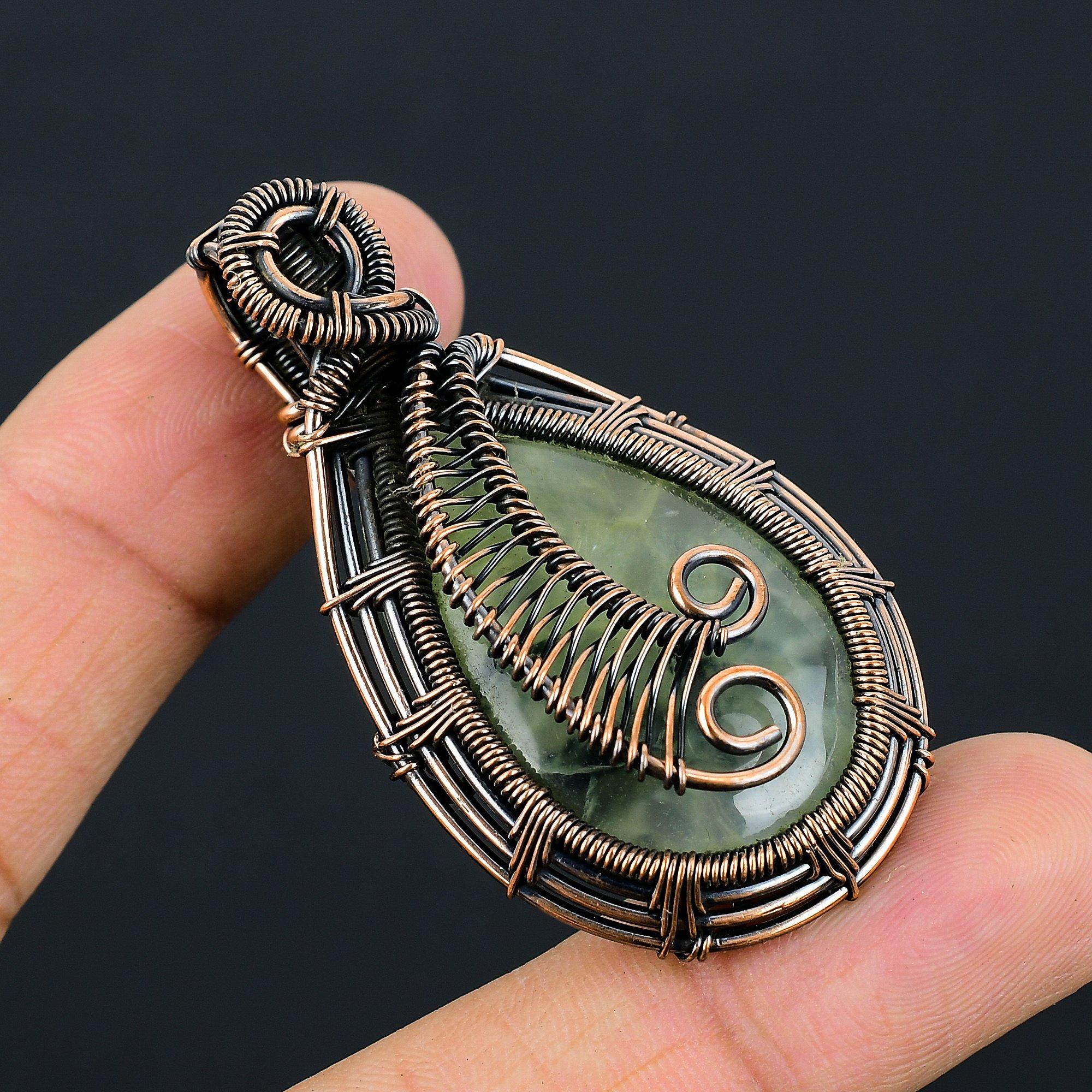 Prehnite Gemstone Pure Copper Wire Wrapped Handmade Jewelry Pendant
