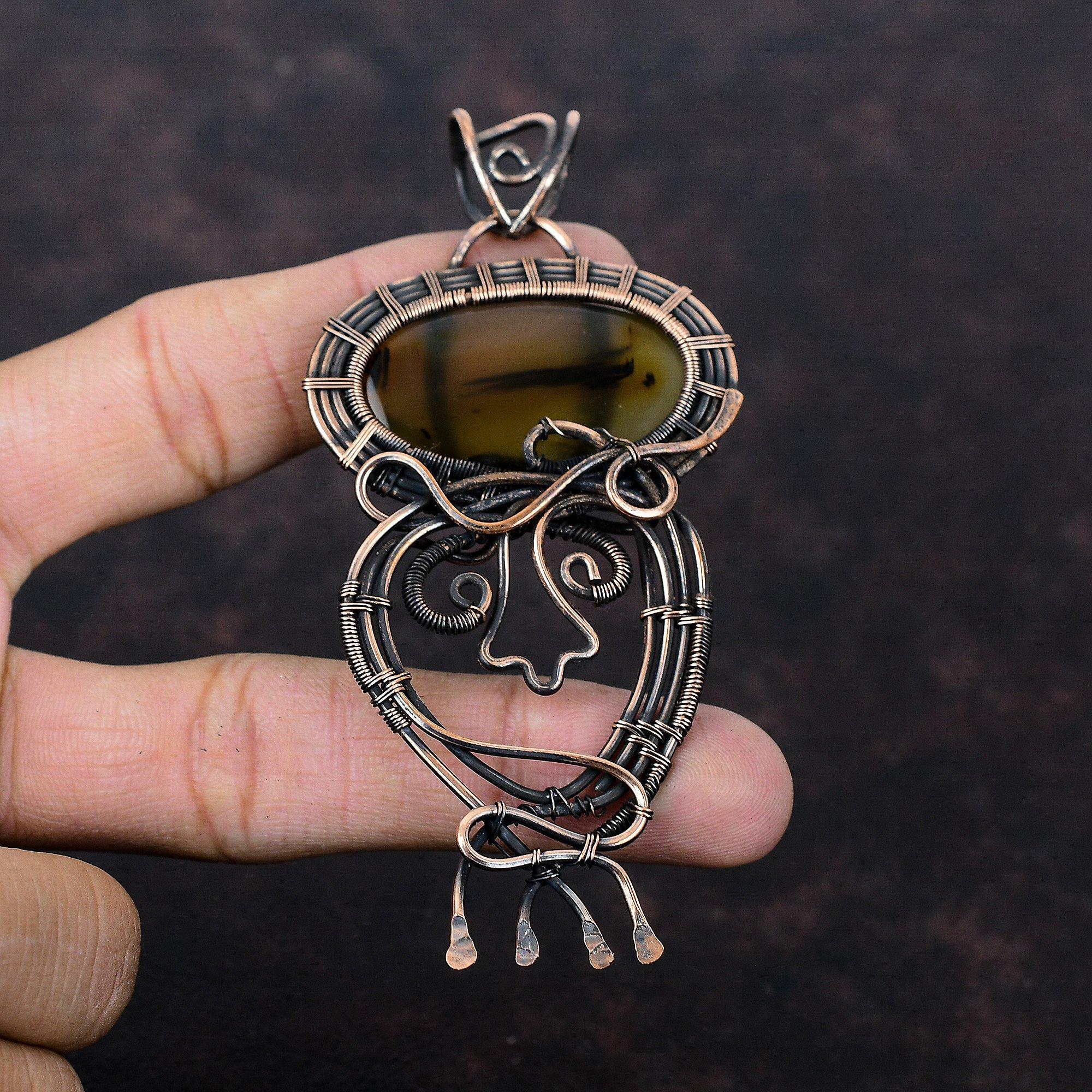 Подвеска из агата Монтана, подвеска из медной проволоки, подвеска ручной работы, драгоценный камень, медные украшения, потрясающий кулон, подарок для нее, ювелирные изделия из проволоки