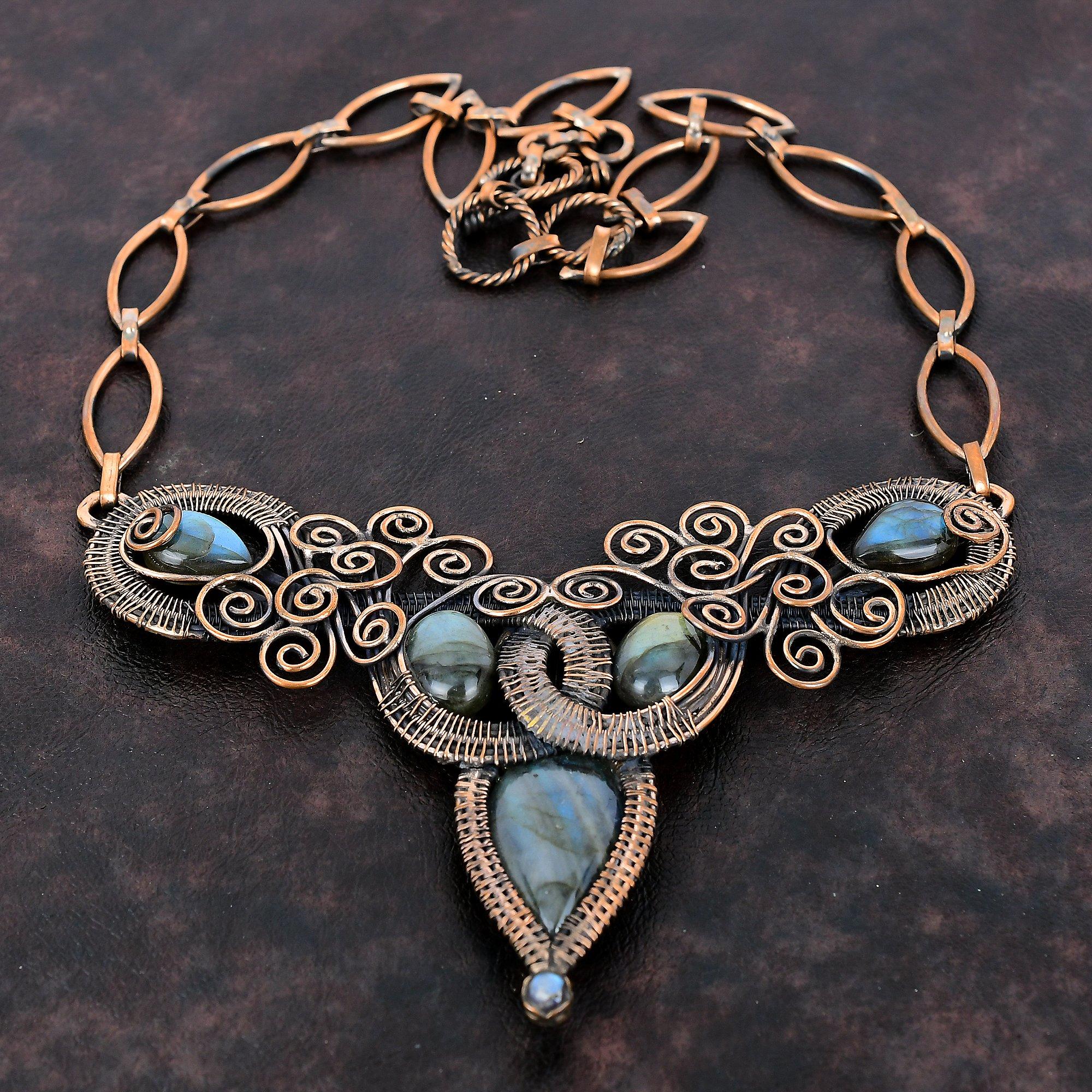 Ожерелье из драгоценного камня лабрадорита, ожерелье из медной проволоки, регулируемое ожерелье из цепочки, ожерелье ручной работы, красивые медные украшения, подарок для нее