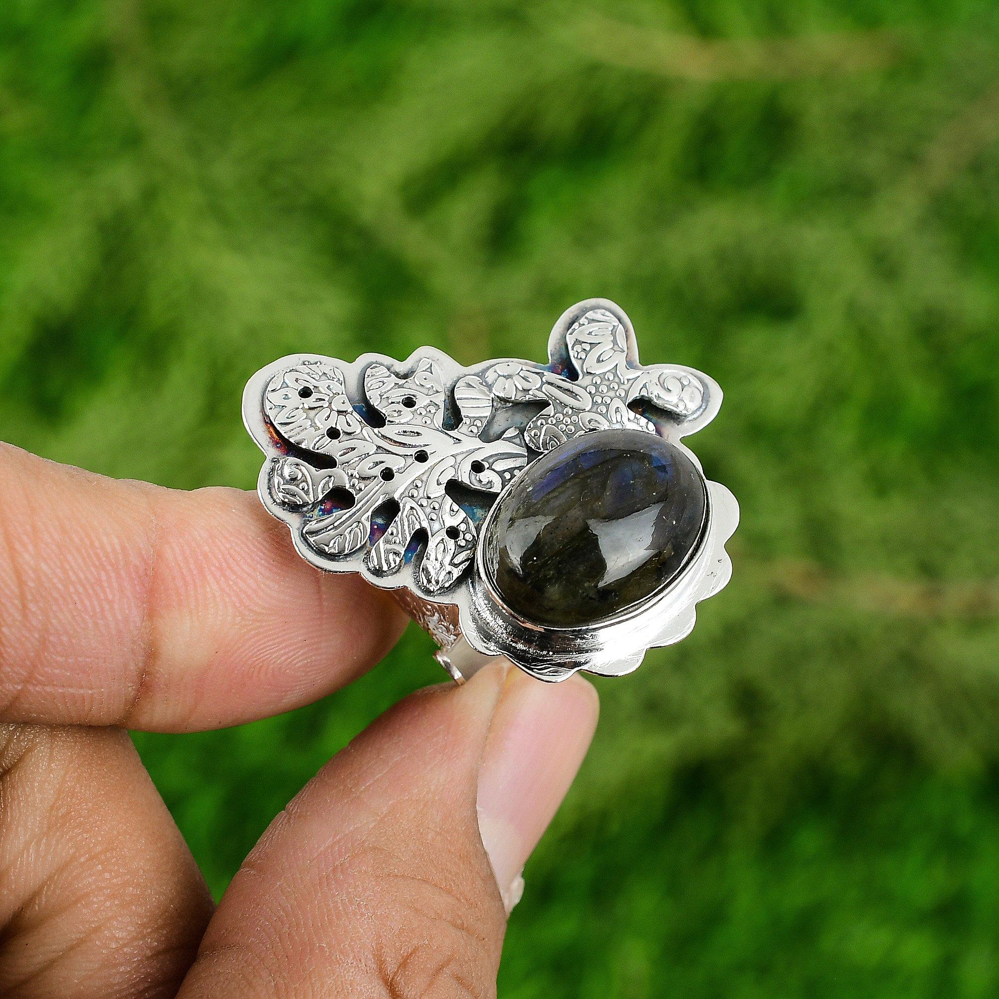 Wedding Gift For Her 925 Silver Natural Labradorite Statement Adjustable Ring