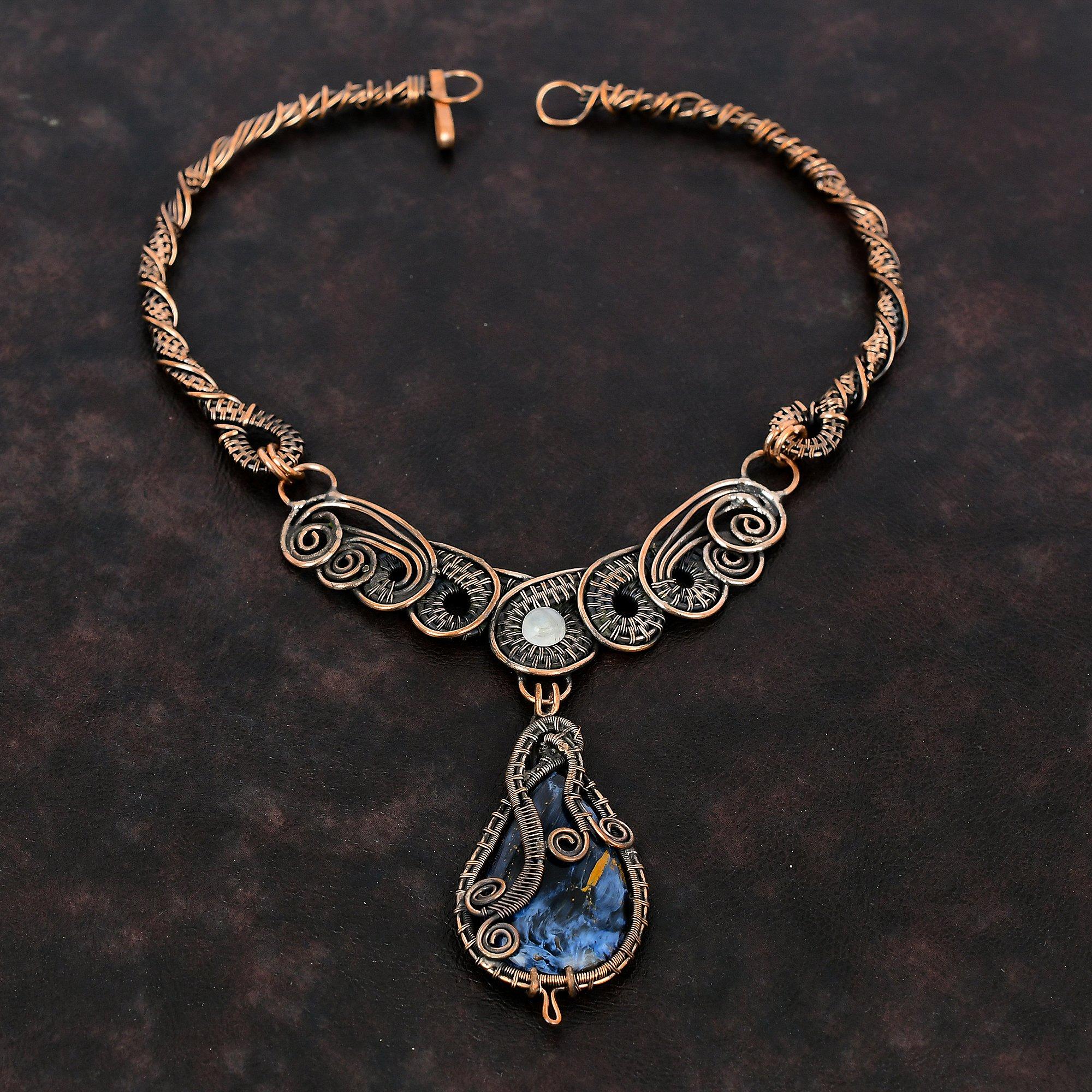 Ожерелье из Питерзита, медная проволока, обернутое ожерелье, драгоценный камень, медные украшения, ожерелье из радужного лунного камня, новое ожерелье ручной работы, свадебный подарок