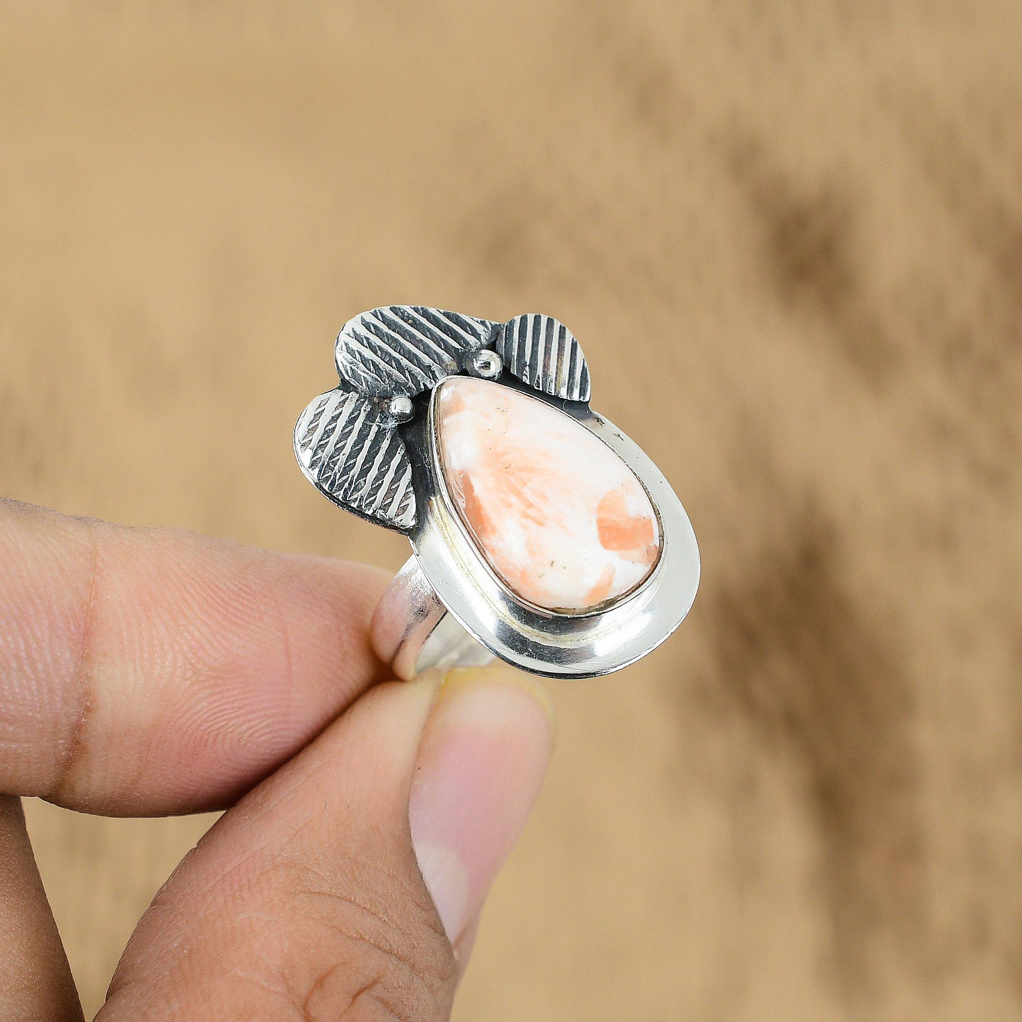 925 Sterling Silver Pear Scolecite Gemstone Trendy Solitaire Unique Ring Jewelry