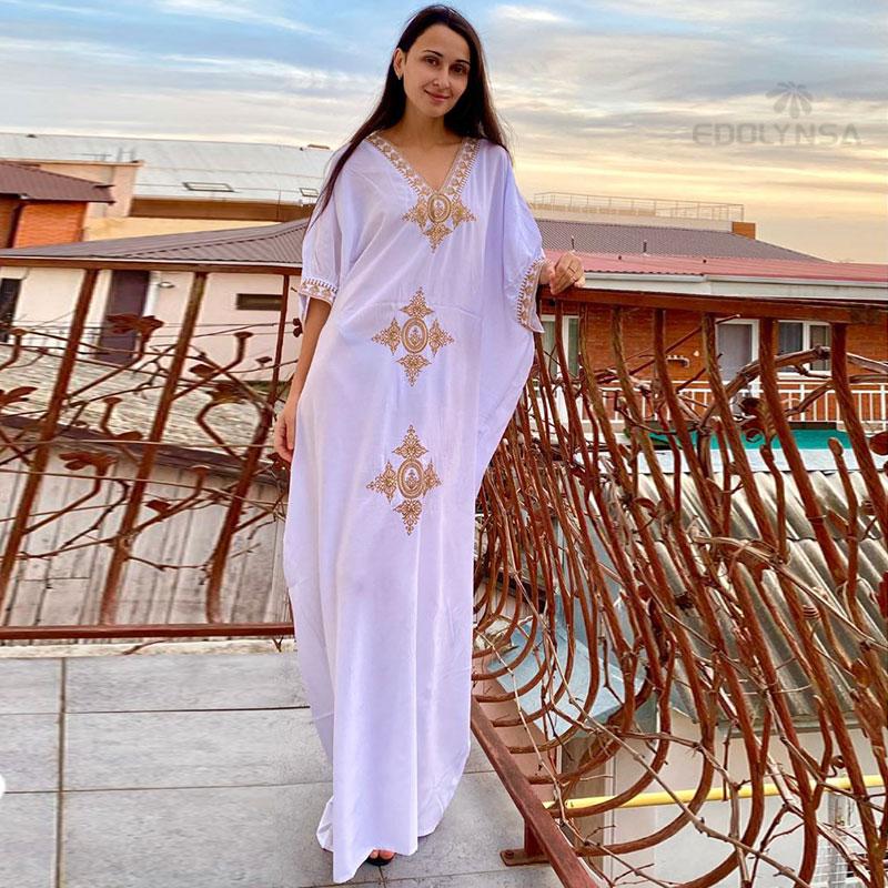 2022 элегантное золотое вышитое кафтан в стиле ретро с v-образным вырезом белое платье больших размеров женская одежда летняя пляжная одежда купальный костюм накидка