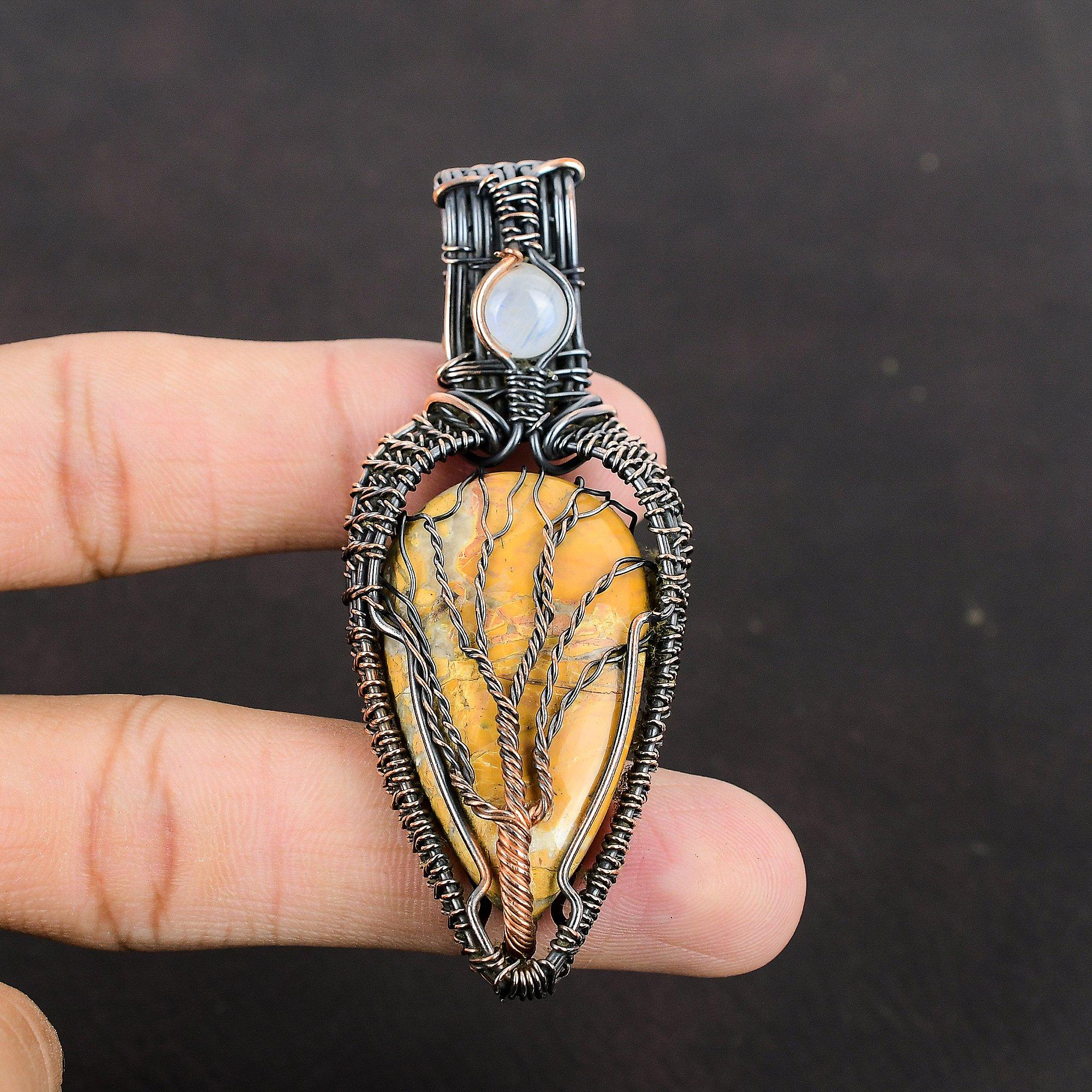 Кулон Древо Жизни из Малиганового Яшмы, Кулон, оплетенный медной проволокой, Украшения из драгоценных камней ручной работы, Кулон из Радужного Лунного Камня, Украшения в технике Wire Wrapping