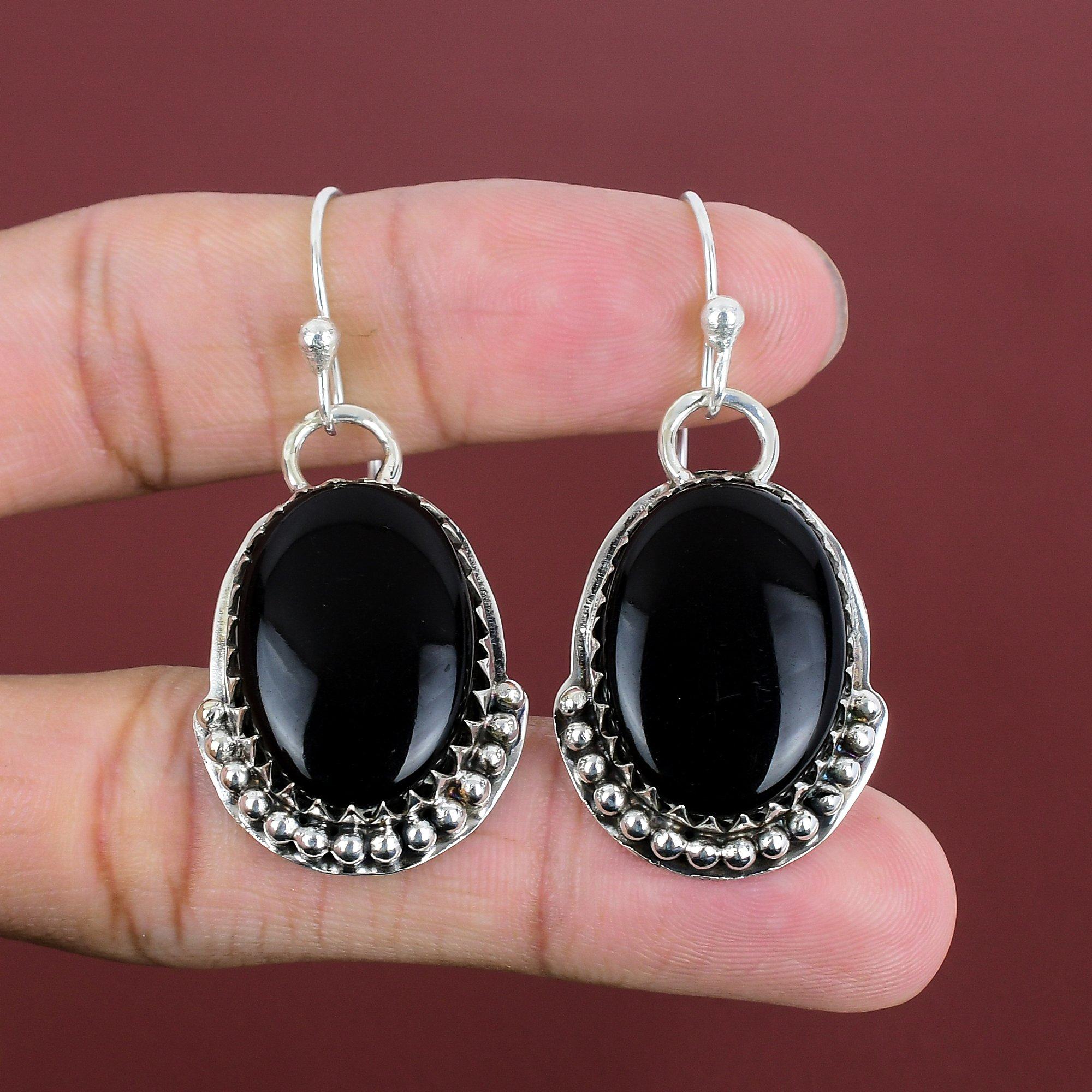 Серьги из черного оникса, серьги из натурального драгоценного камня, серьги из стерлингового серебра 925 пробы, серьги ручной работы, ювелирные изделия из черного оникса, подарки для жены, антикварная серьга