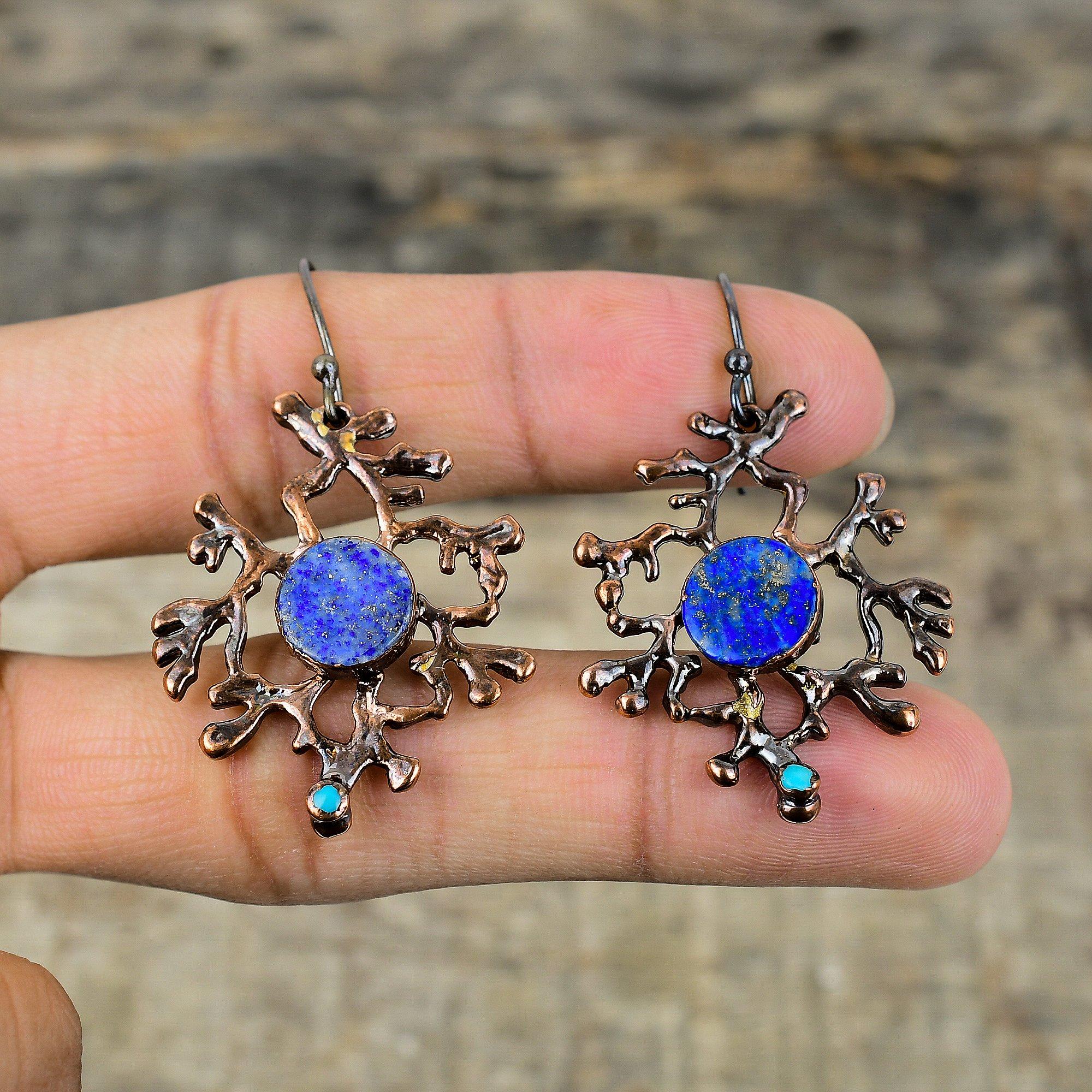 Серьги из лазурита, медные серьги, полученные электроформованием, серьги из бирюзы Аризоны, ювелирные изделия из драгоценных камней, серьги ручной работы, ювелирные изделия из меди, изготовленные методом гальванопластики