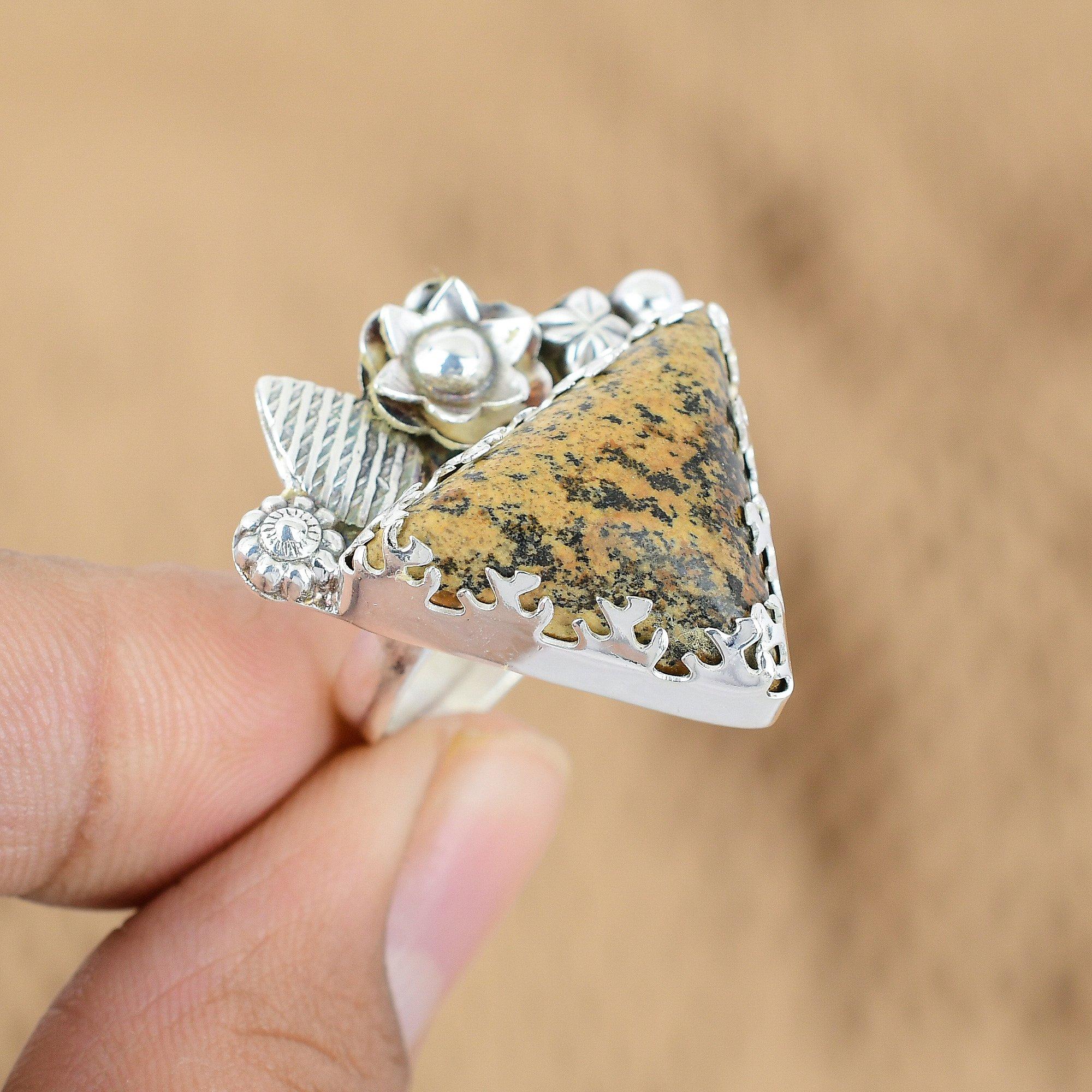 Подарок для нее Кольцо обещания 'Цветок' из серебра 925 пробы с натуральным пейзажным яшмом, регулируемое