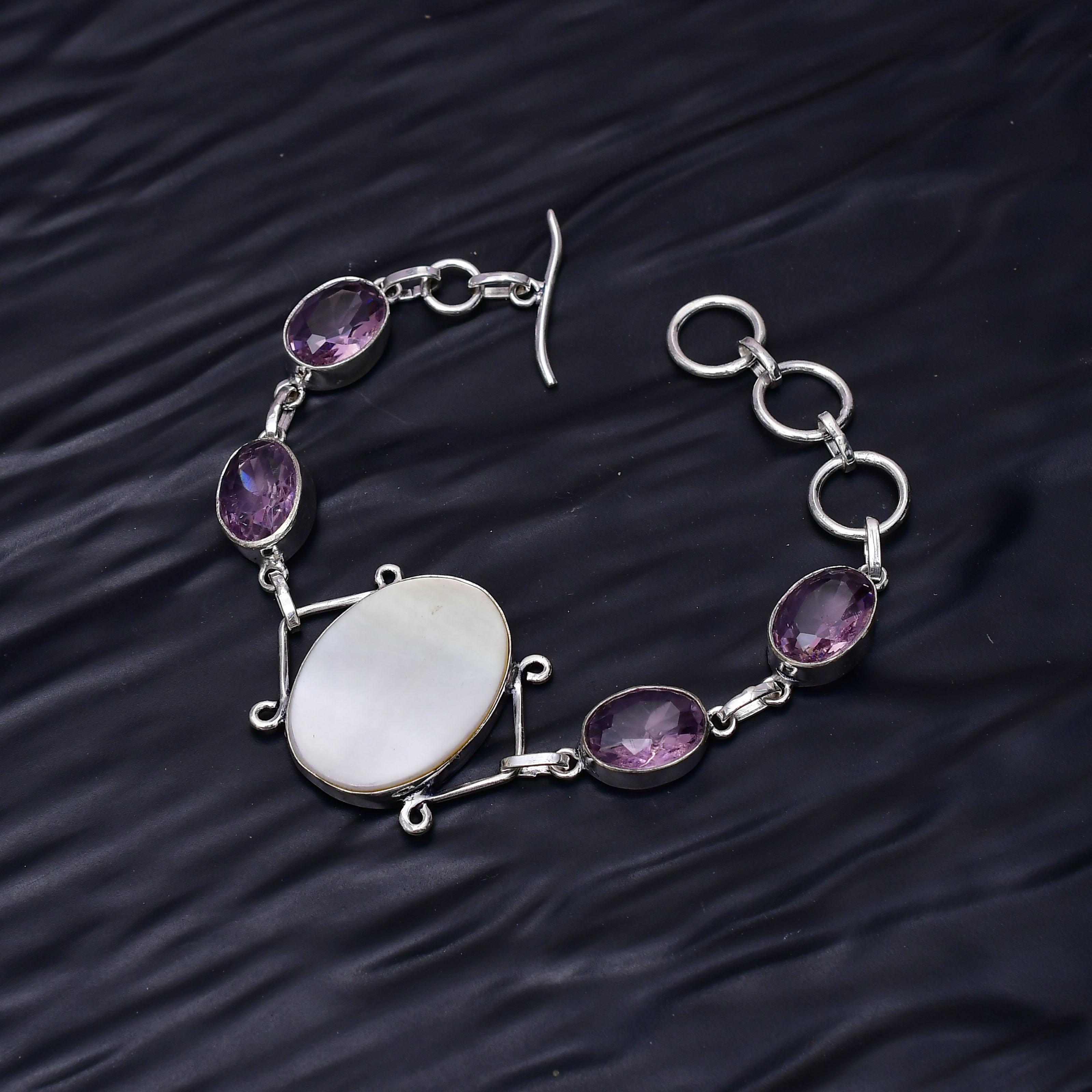 Mother of pearl Gemstone : 925 Sterling Silver Handmade Multi Gemstone Bracelet Jewelry