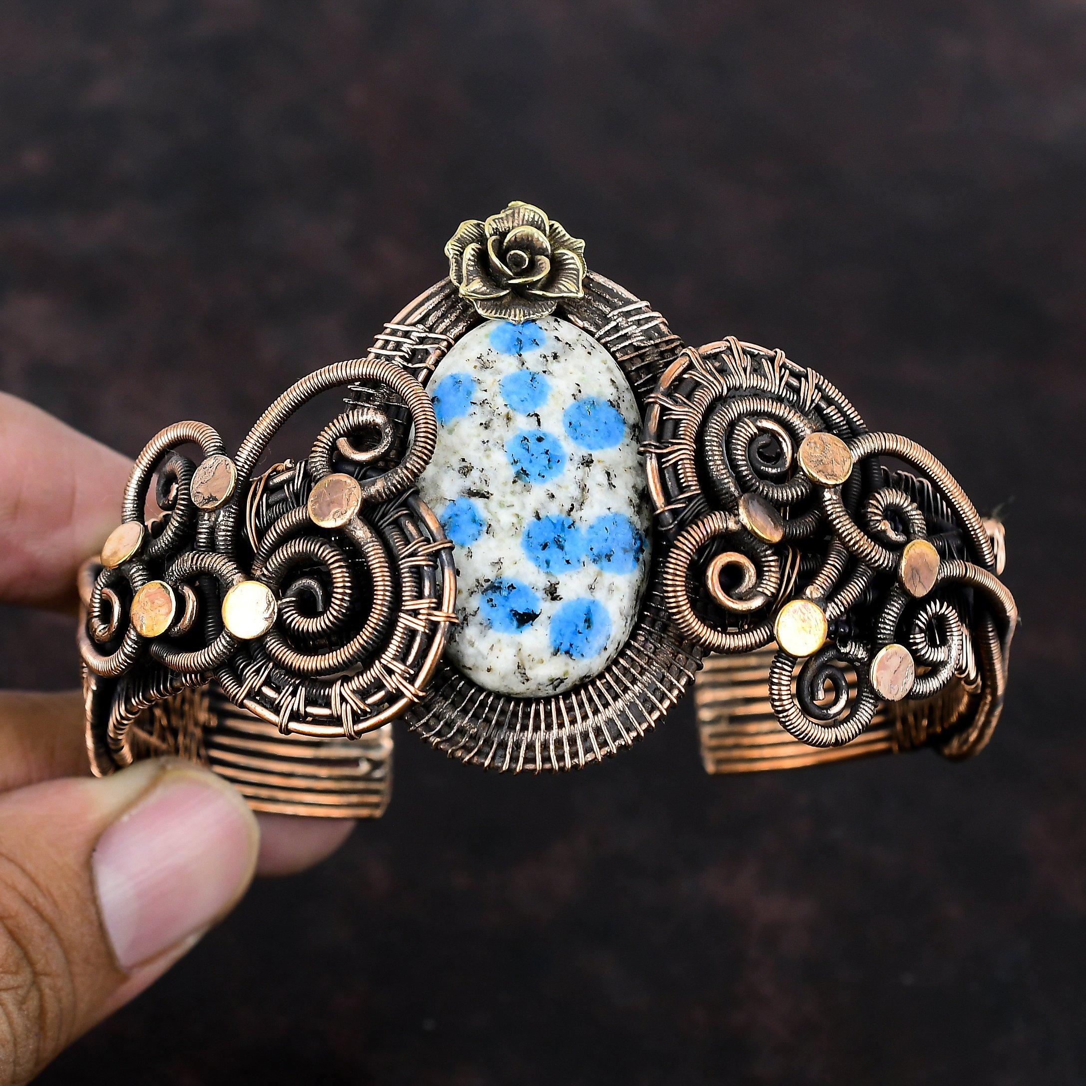 K2 Браслет из яшмы Медная проволока Браслет-манжета Браслет-манжета Драгоценный камень Медные украшения Регулируемые манжеты Браслет ручной работы в стиле бохо Подарок для него Цветочный браслет