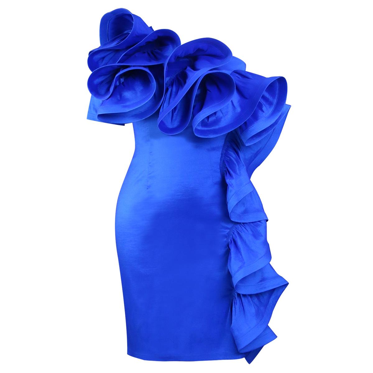 AOMEI Блестящие синие вечерние платья на одно плечо для женщин, облегающее платье-карандаш длиной до колена с оборками, тонкие летние коктейльные платья для празднования случая