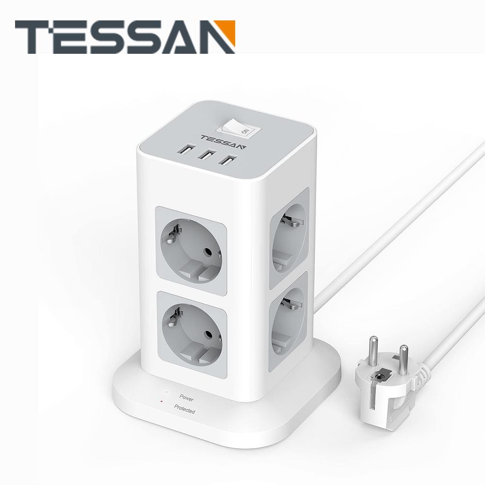 Tessan Удлинитель с несколькими розетками, вертикальная вилка, розетка Tower с удлинителем USB 2 м, вилка европейского стандарта, электрическая розетка, защита от перенапряжения